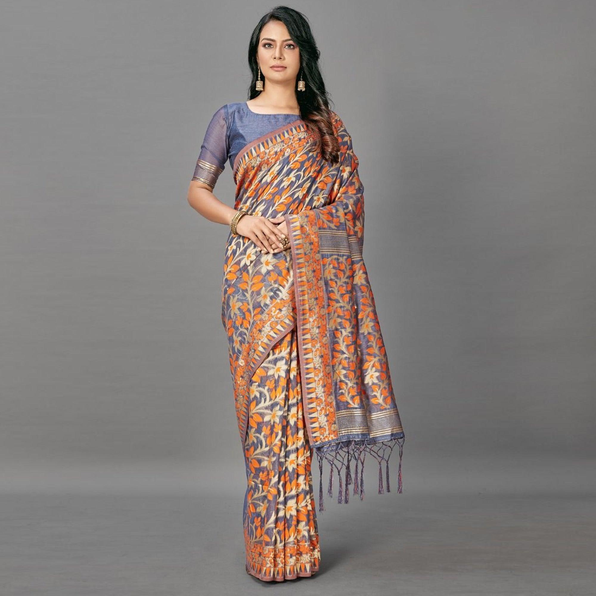 Sareemall Orange Casual Bhagalpuri Silk Woven Saree With Unstitched Blouse - Peachmode