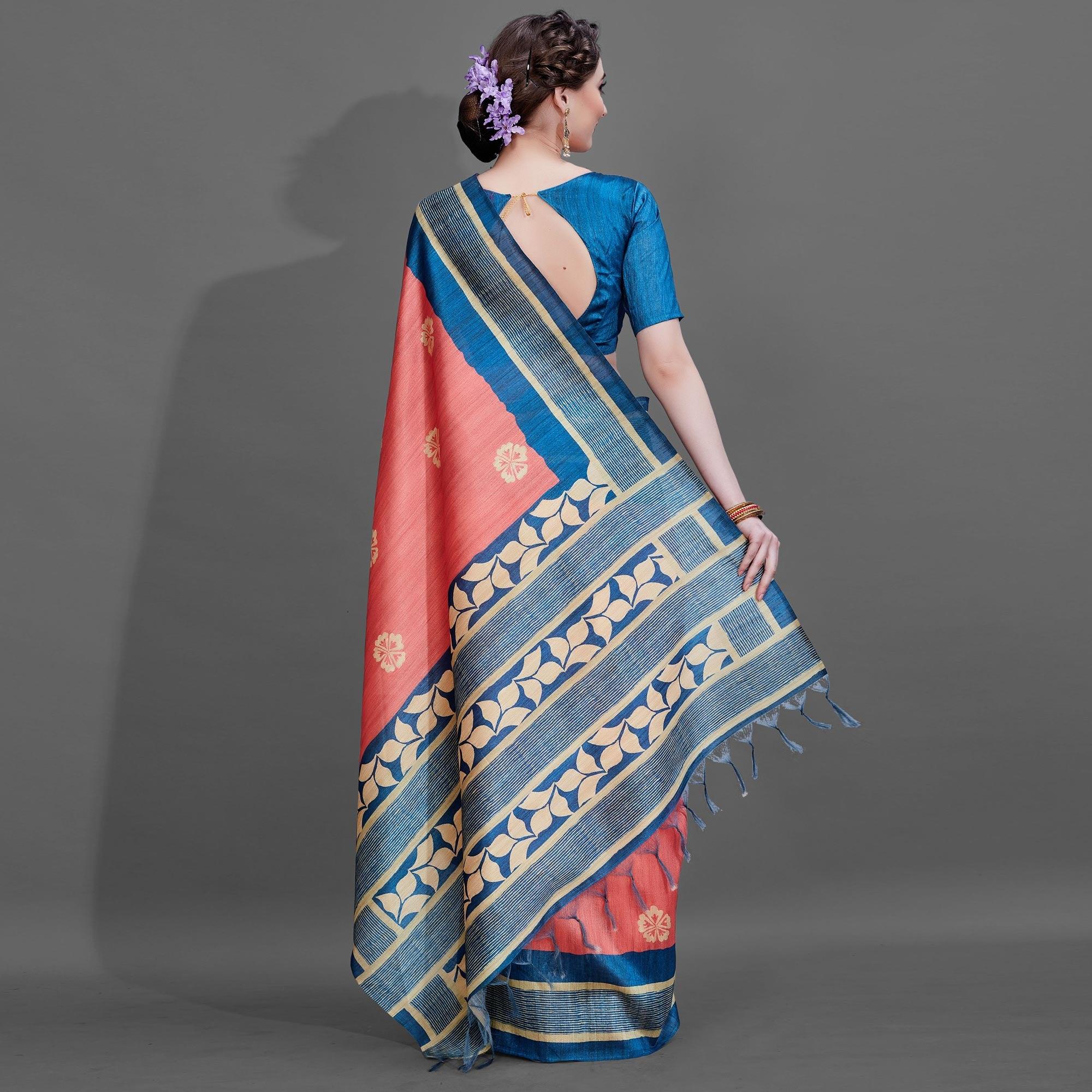 Sareemall Peach Casual Art Silk Printed Saree With Unstitched Blouse - Peachmode