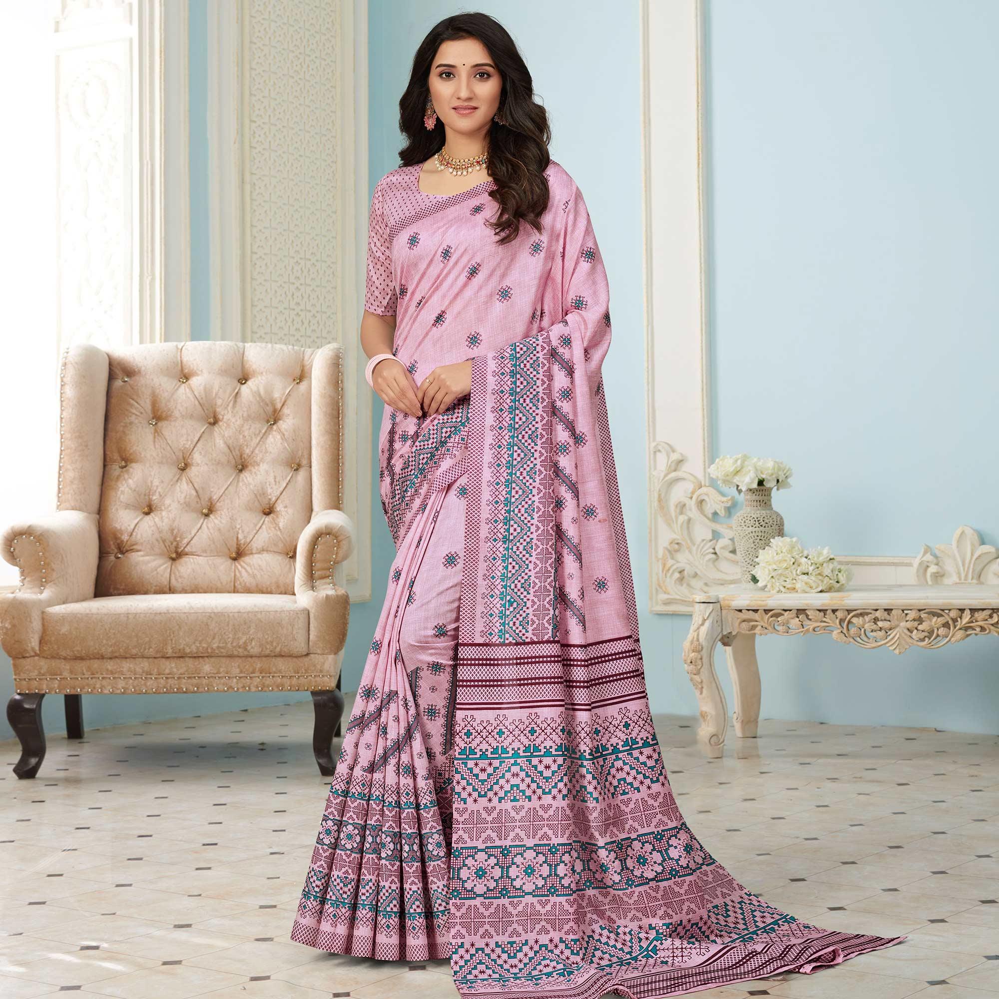 Sareemall Pink Casual Bhagalpuri Printed Saree With Unstitched Blouse - Peachmode