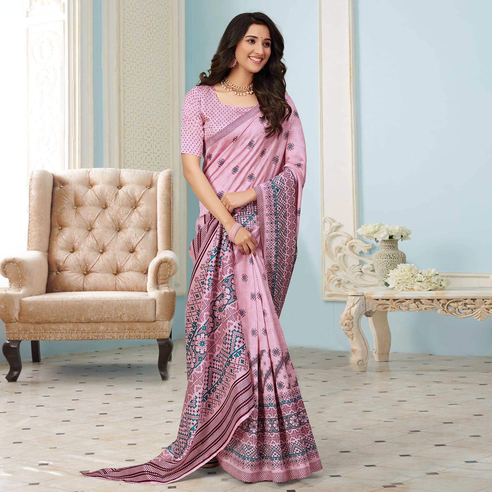 Sareemall Pink Casual Bhagalpuri Printed Saree With Unstitched Blouse - Peachmode