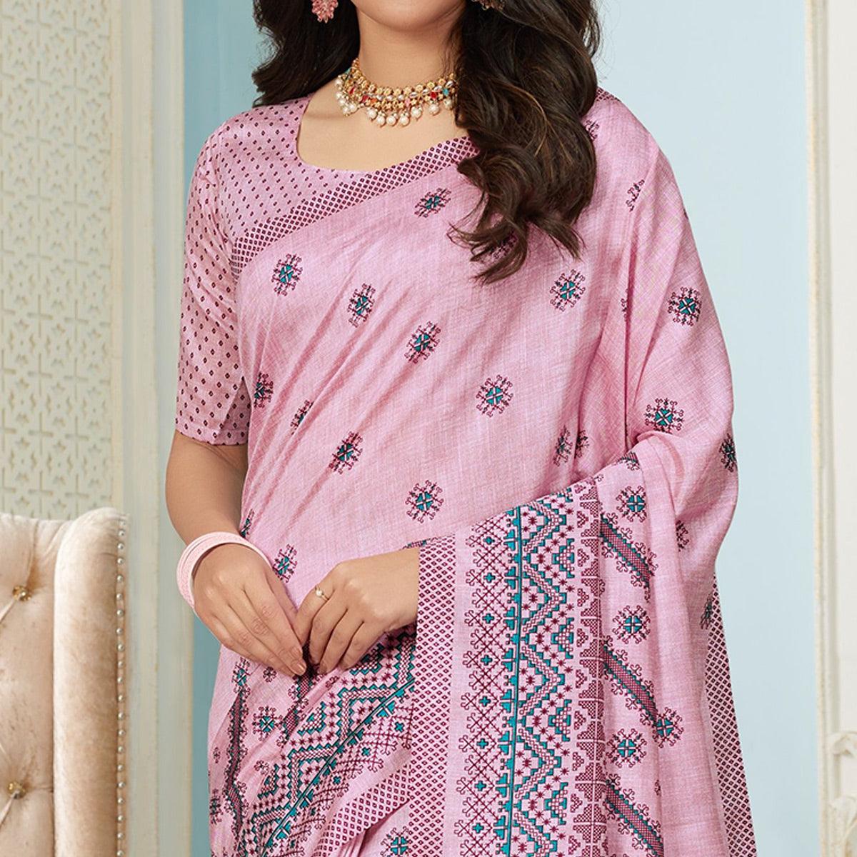 Sareemall Pink Casual Bhagalpuri Printed Saree With Unstitched Blouse - Peachmode
