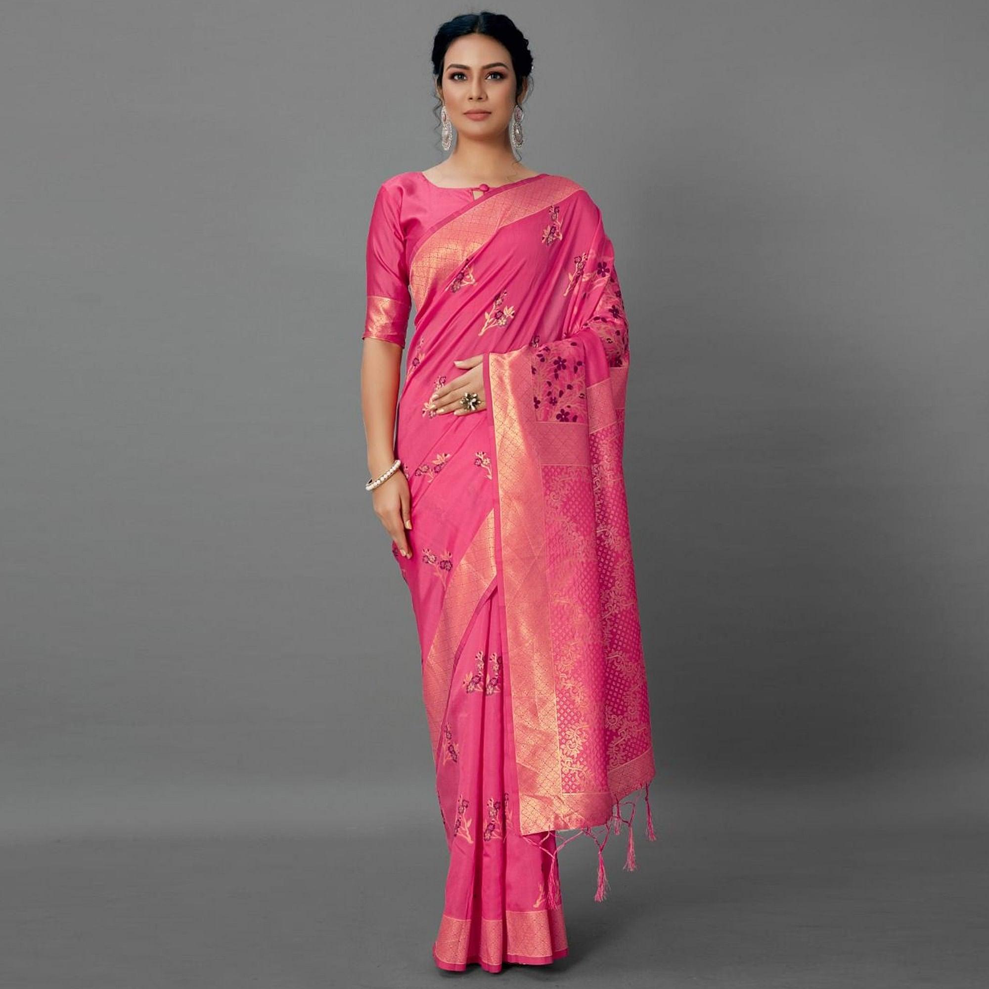 Sareemall Pink Casual Silk Blend Printed Saree With Unstitched Blouse - Peachmode