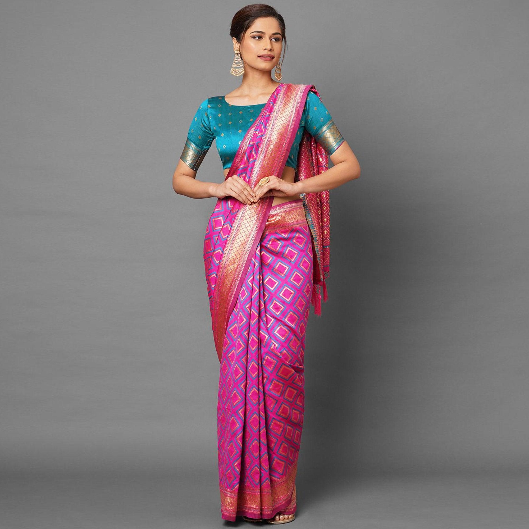 Sareemall Pink Festive Wear Silk Blend Woven Border Saree With Unstitched Blouse - Peachmode