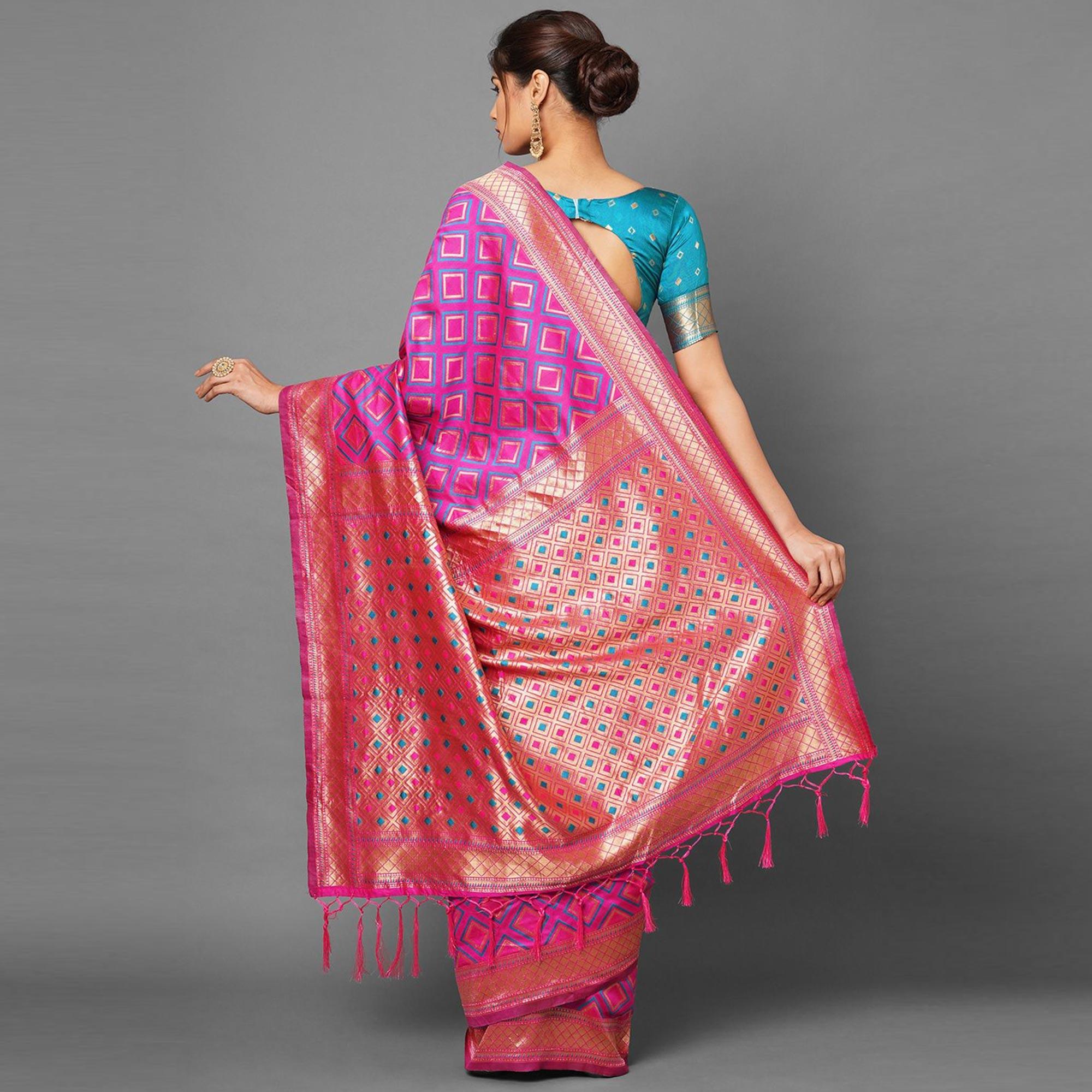 Sareemall Pink Festive Wear Silk Blend Woven Border Saree With Unstitched Blouse - Peachmode