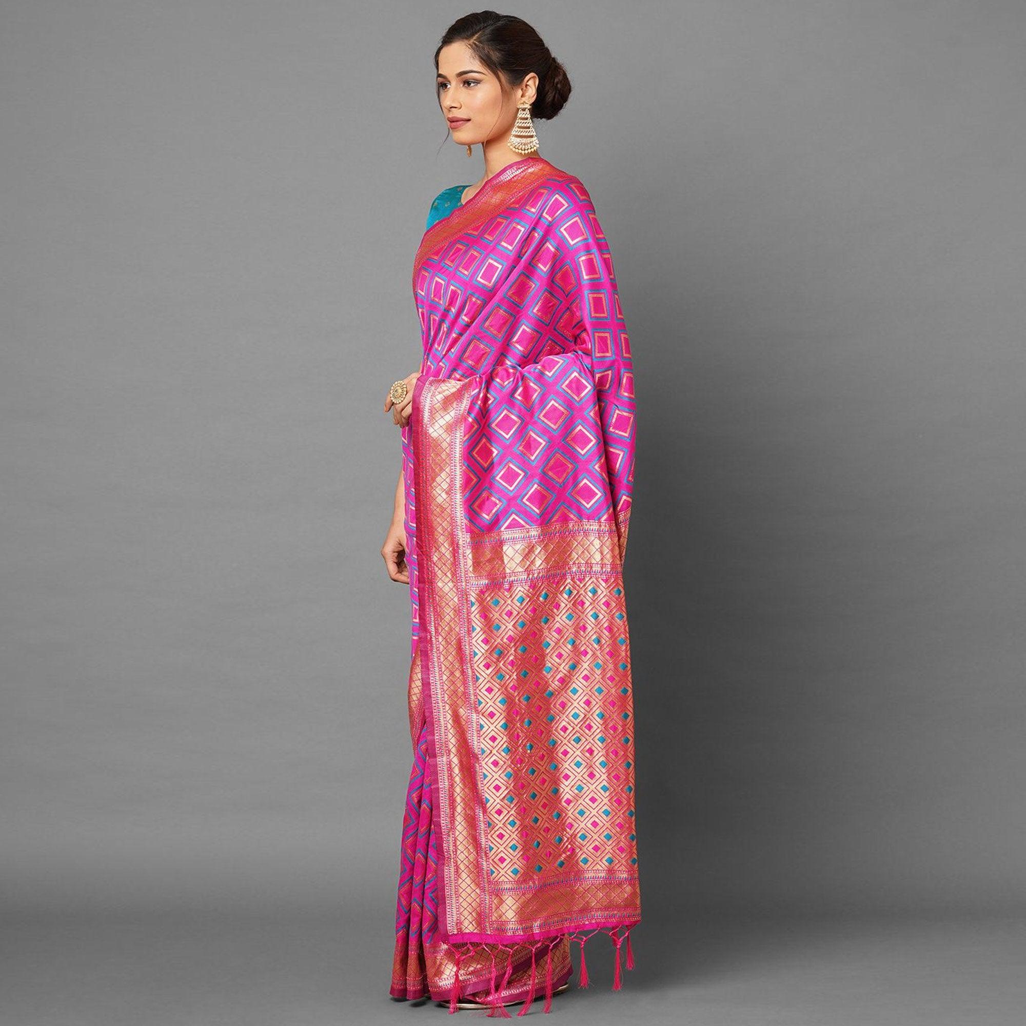 Sareemall Pink Festive Wear Silk Blend Woven Border Saree With Unstitched Blouse - Peachmode
