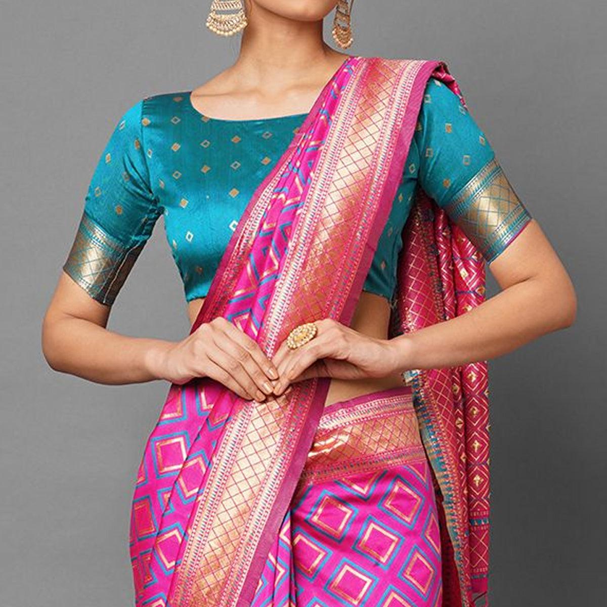 Sareemall Pink Festive Wear Silk Blend Woven Border Saree With Unstitched Blouse - Peachmode