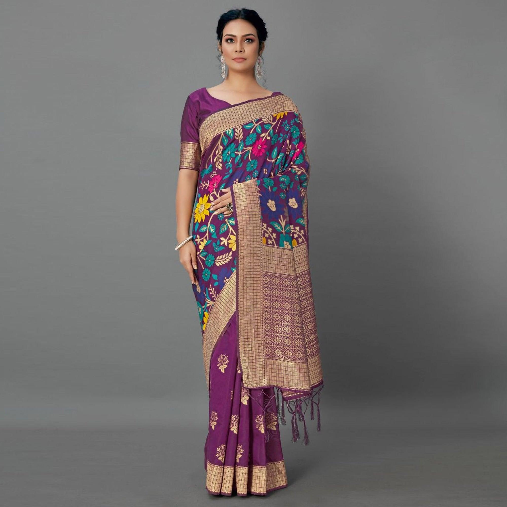 Sareemall Purple Casual Silk Blend Printed Saree With Unstitched Blouse - Peachmode