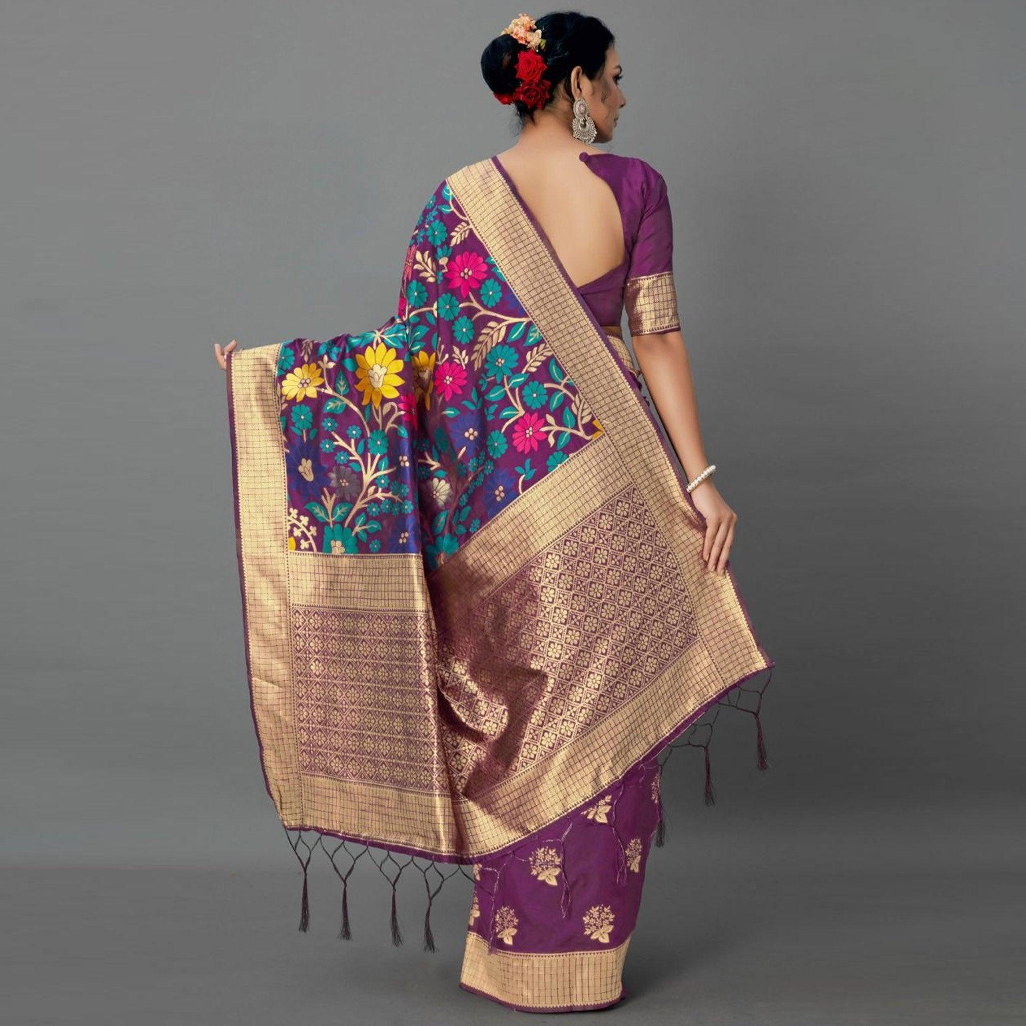 Sareemall Purple Casual Silk Blend Printed Saree With Unstitched Blouse - Peachmode
