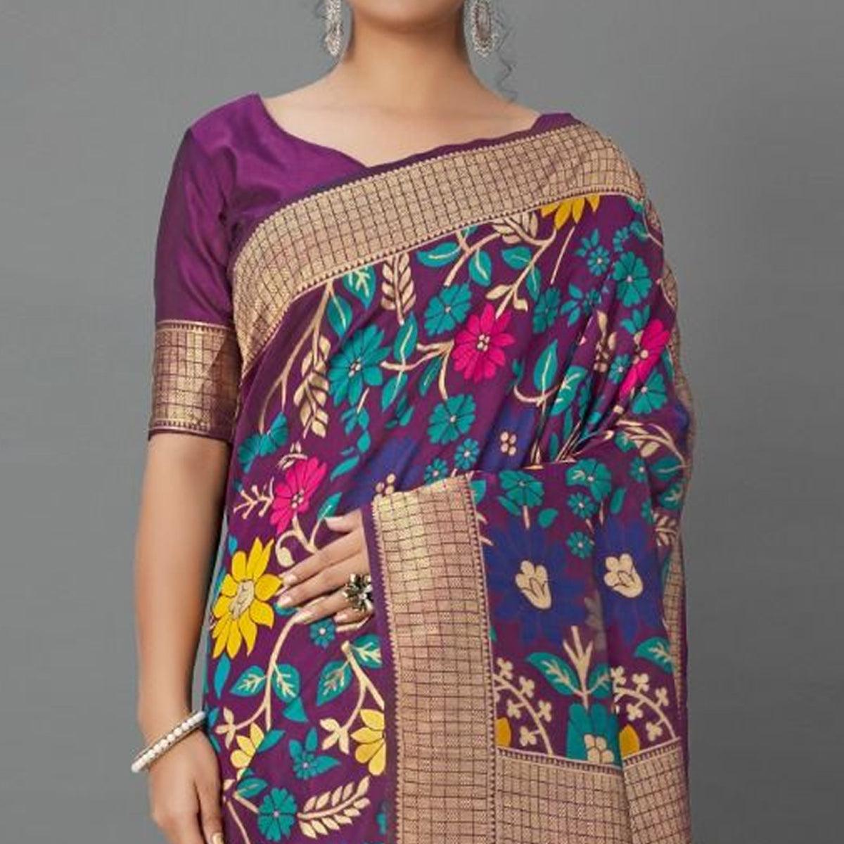 Sareemall Purple Casual Silk Blend Printed Saree With Unstitched Blouse - Peachmode