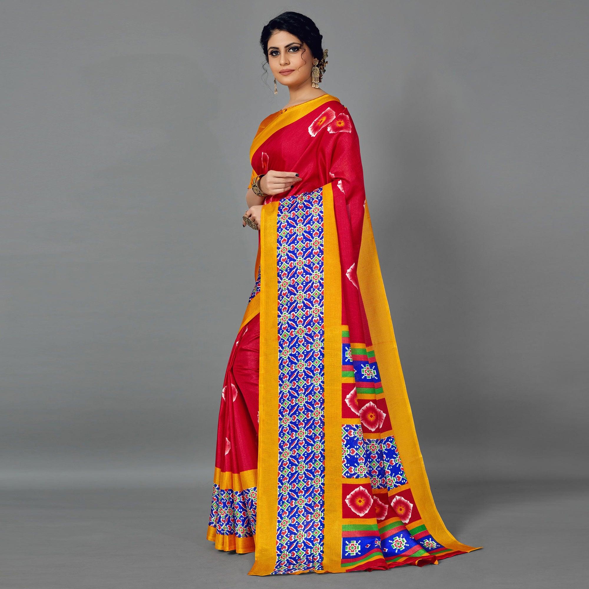 Sareemall Red Casual Art Silk Printed Saree With Unstitched Blouse - Peachmode