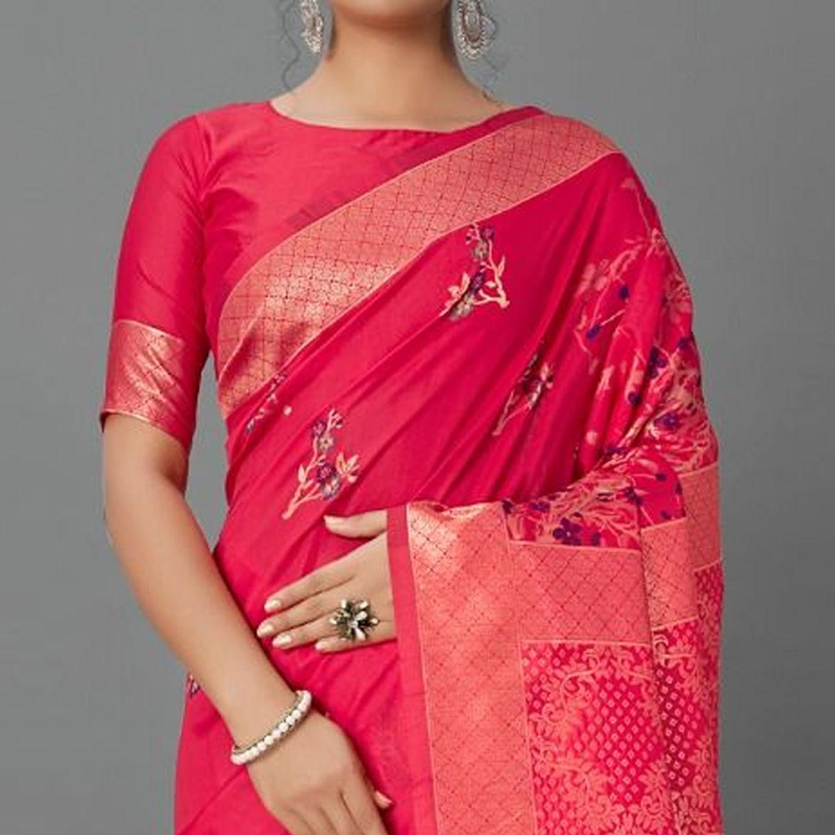Sareemall Red Casual Silk Blend Printed Saree With Unstitched Blouse - Peachmode