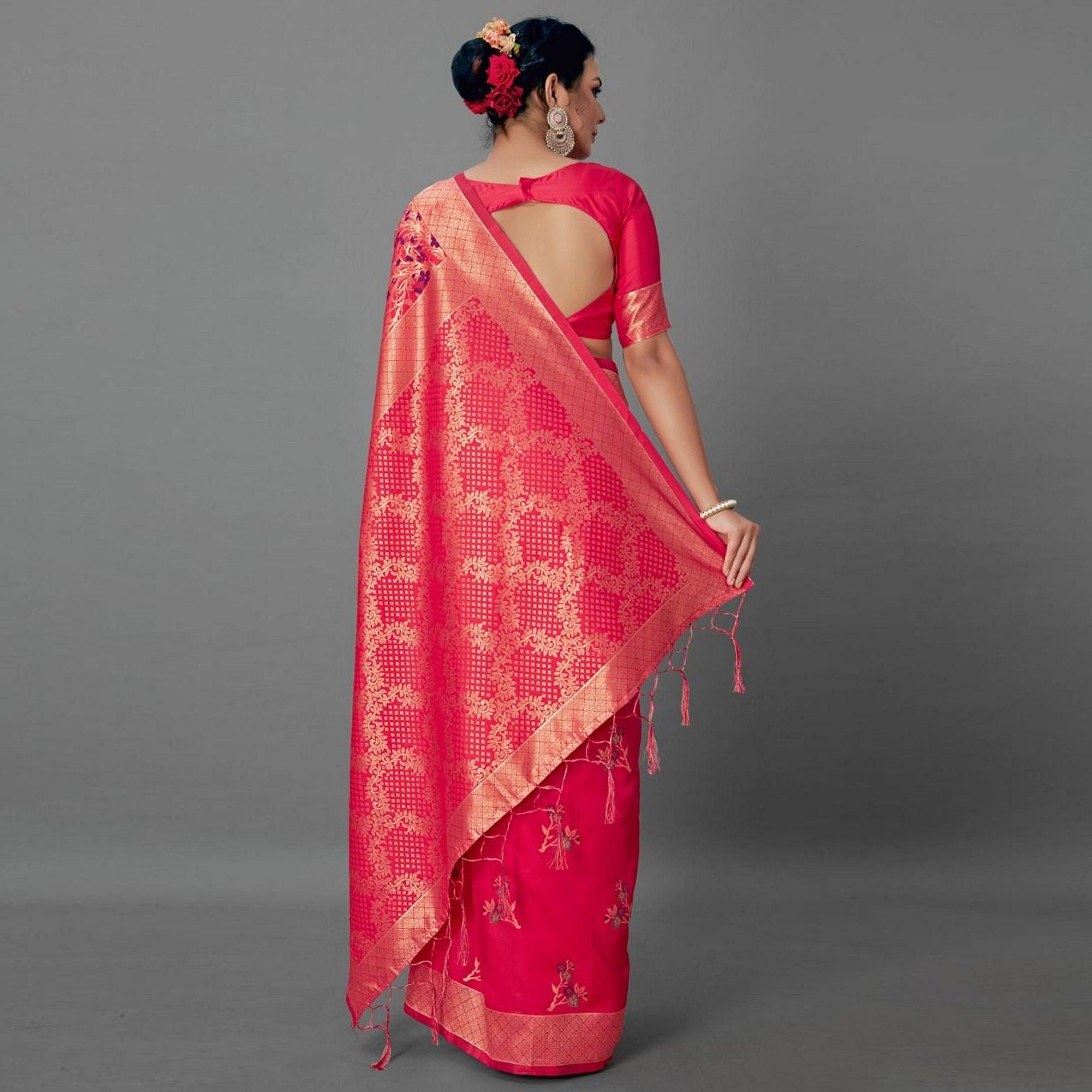 Sareemall Red Casual Silk Blend Printed Saree With Unstitched Blouse - Peachmode