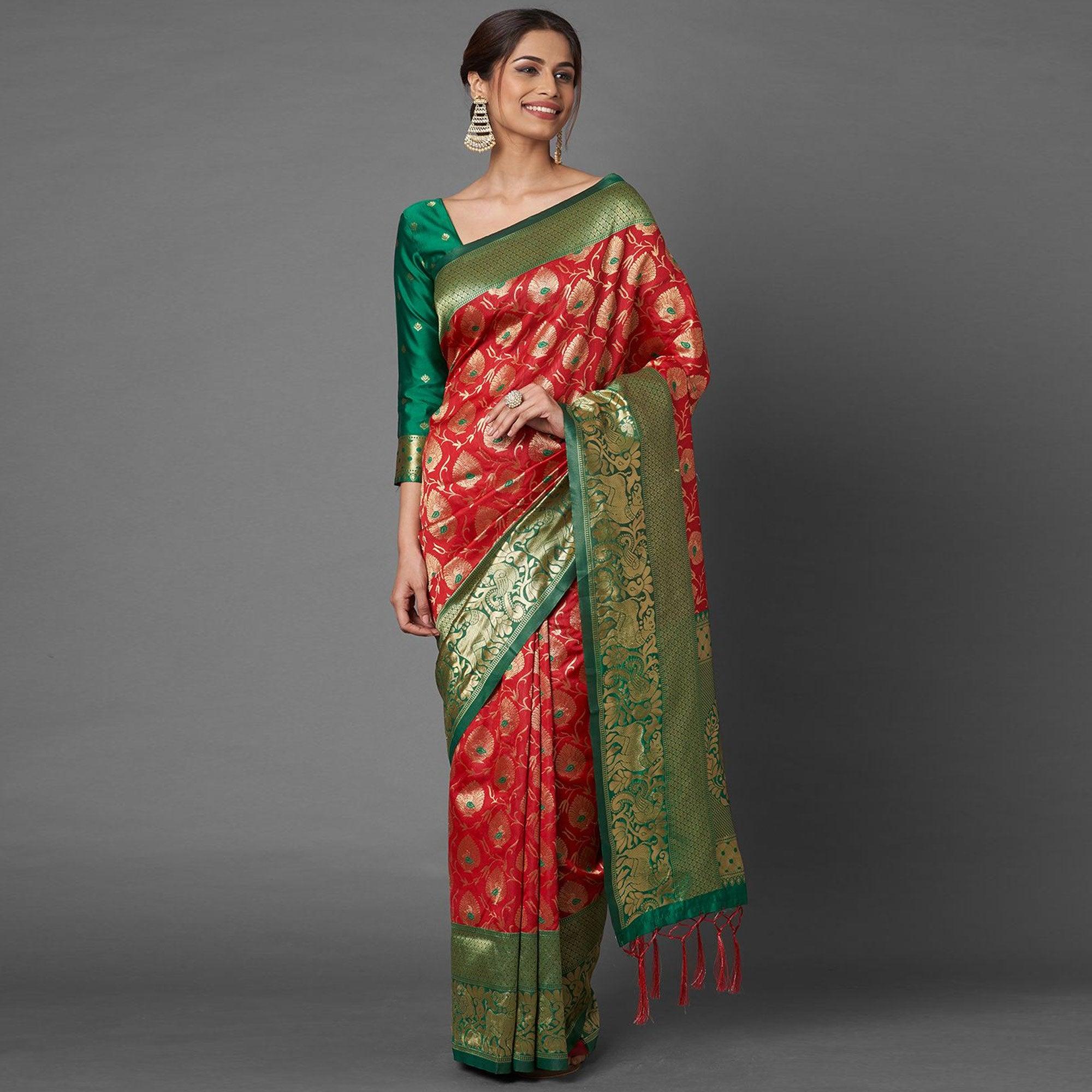 Sareemall Red Festive Wear Silk Blend Woven Border Saree With Unstitched Blouse - Peachmode