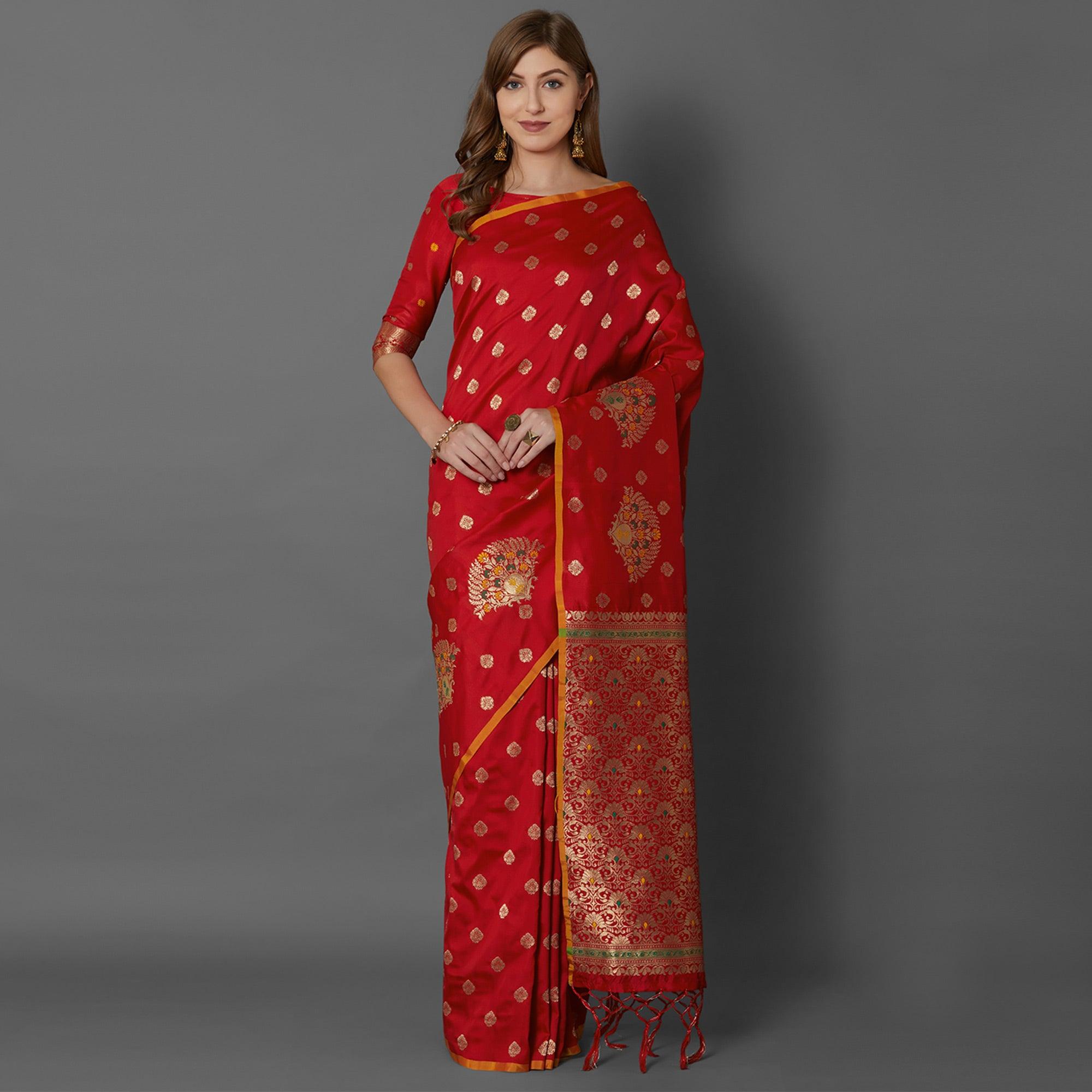 Sareemall Red Festive Wear Silk Blend Woven Border Saree With Unstitched Blouse - Peachmode