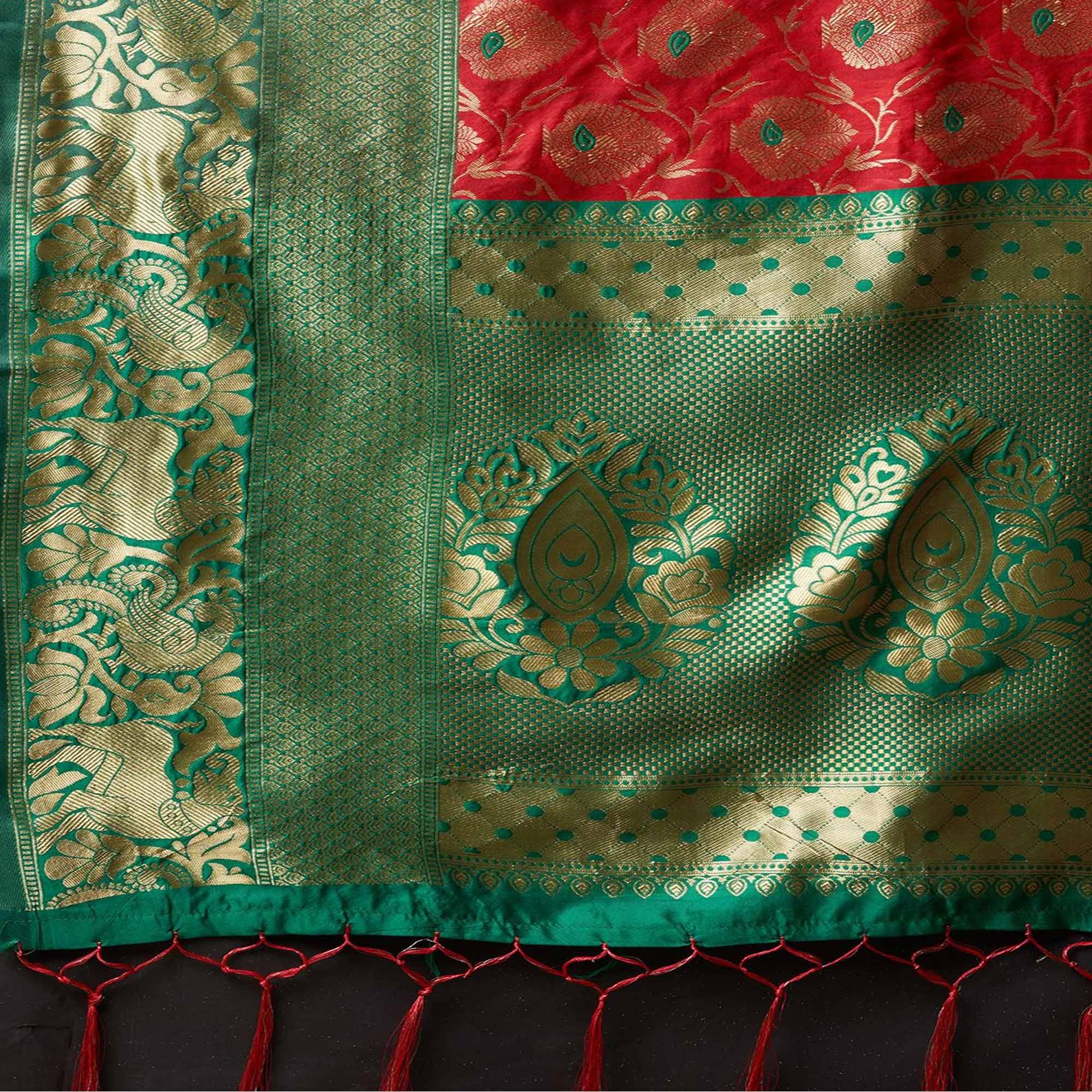 Sareemall Red Festive Wear Silk Blend Woven Border Saree With Unstitched Blouse - Peachmode