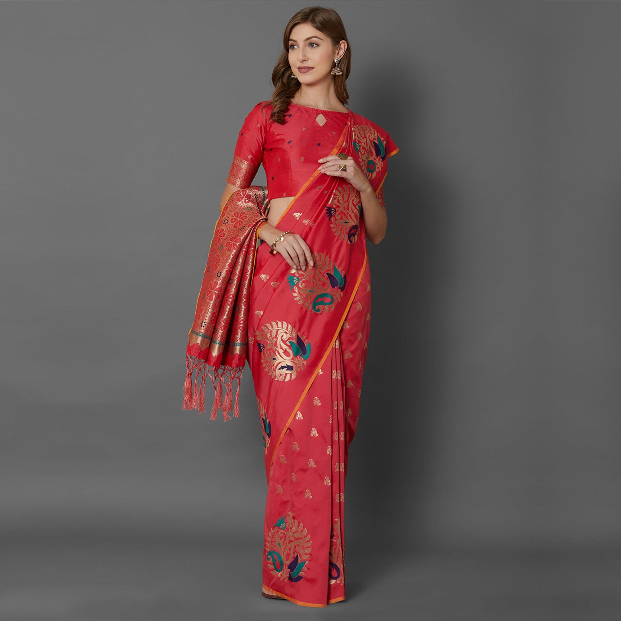 Sareemall Red Festive Wear Silk Blend Woven Border Saree With Unstitched Blouse - Peachmode
