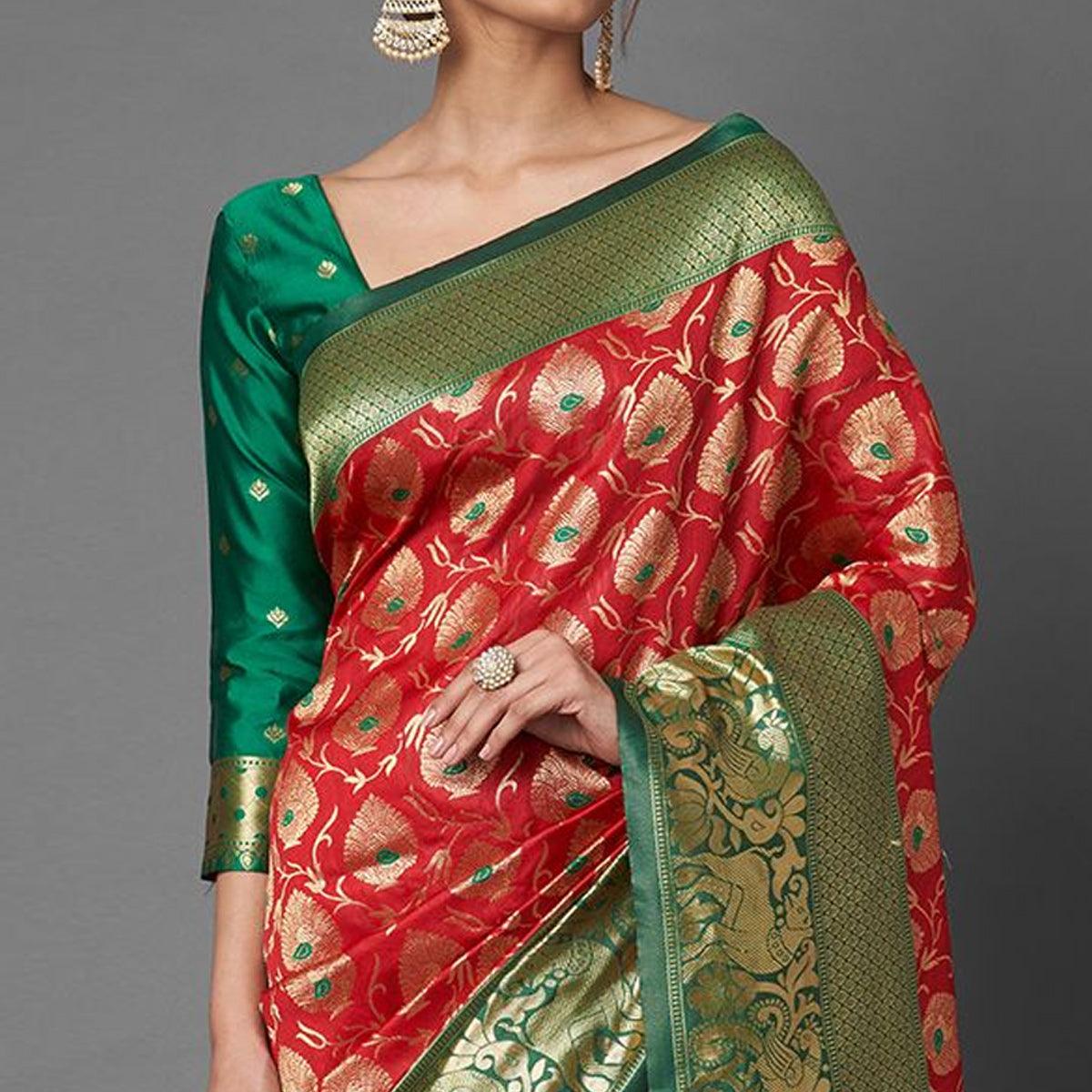 Sareemall Red Festive Wear Silk Blend Woven Border Saree With Unstitched Blouse - Peachmode