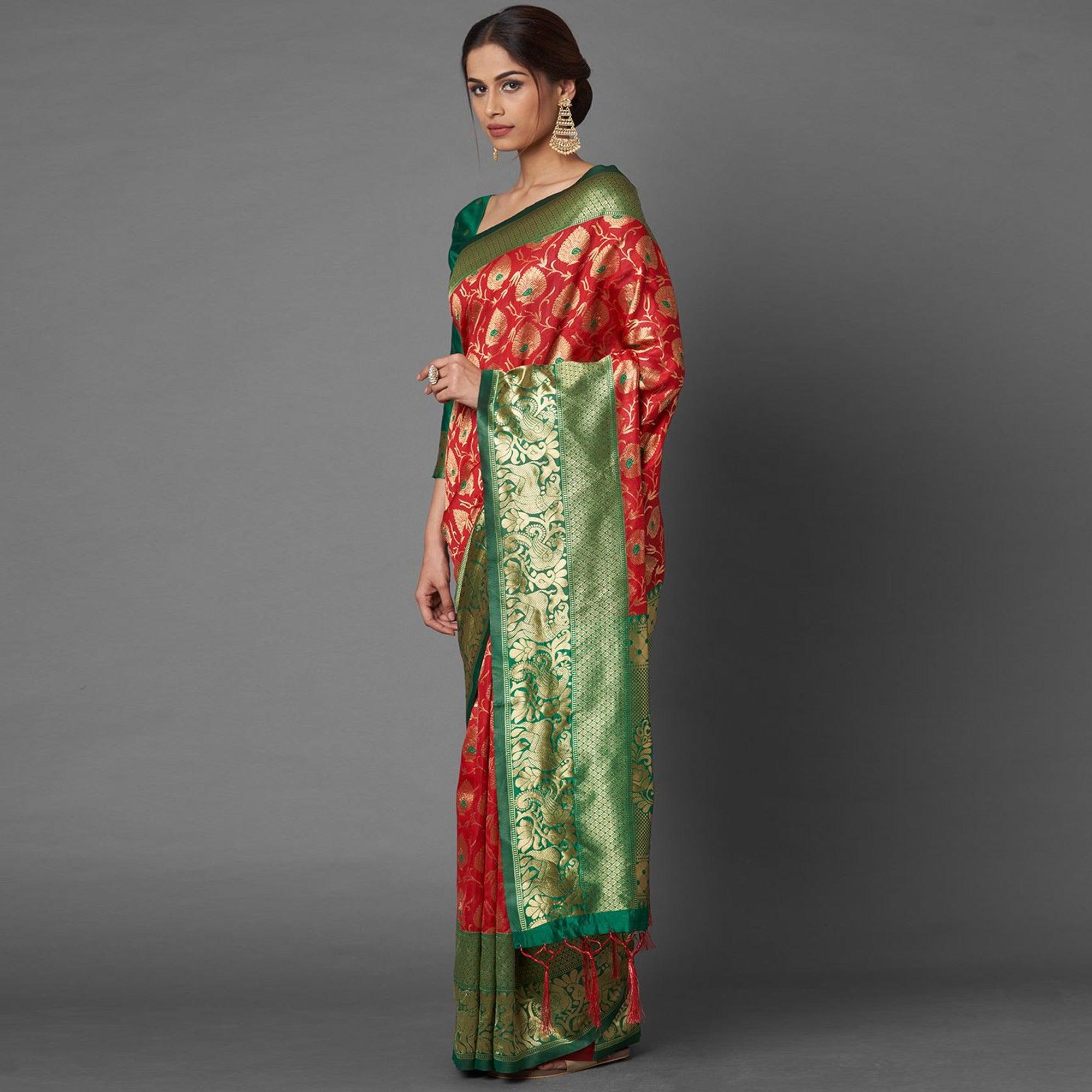 Sareemall Red Festive Wear Silk Blend Woven Border Saree With Unstitched Blouse - Peachmode