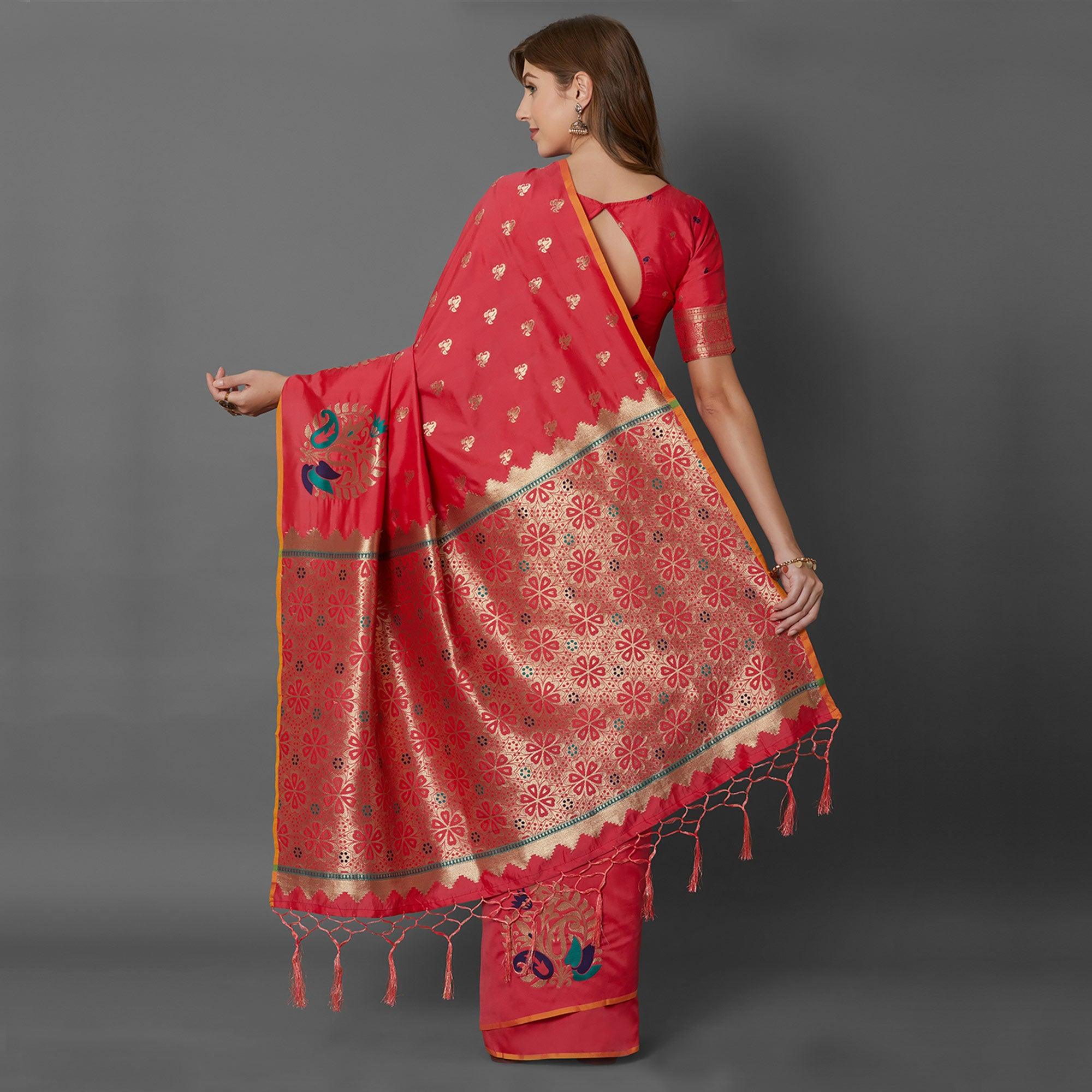 Sareemall Red Festive Wear Silk Blend Woven Border Saree With Unstitched Blouse - Peachmode