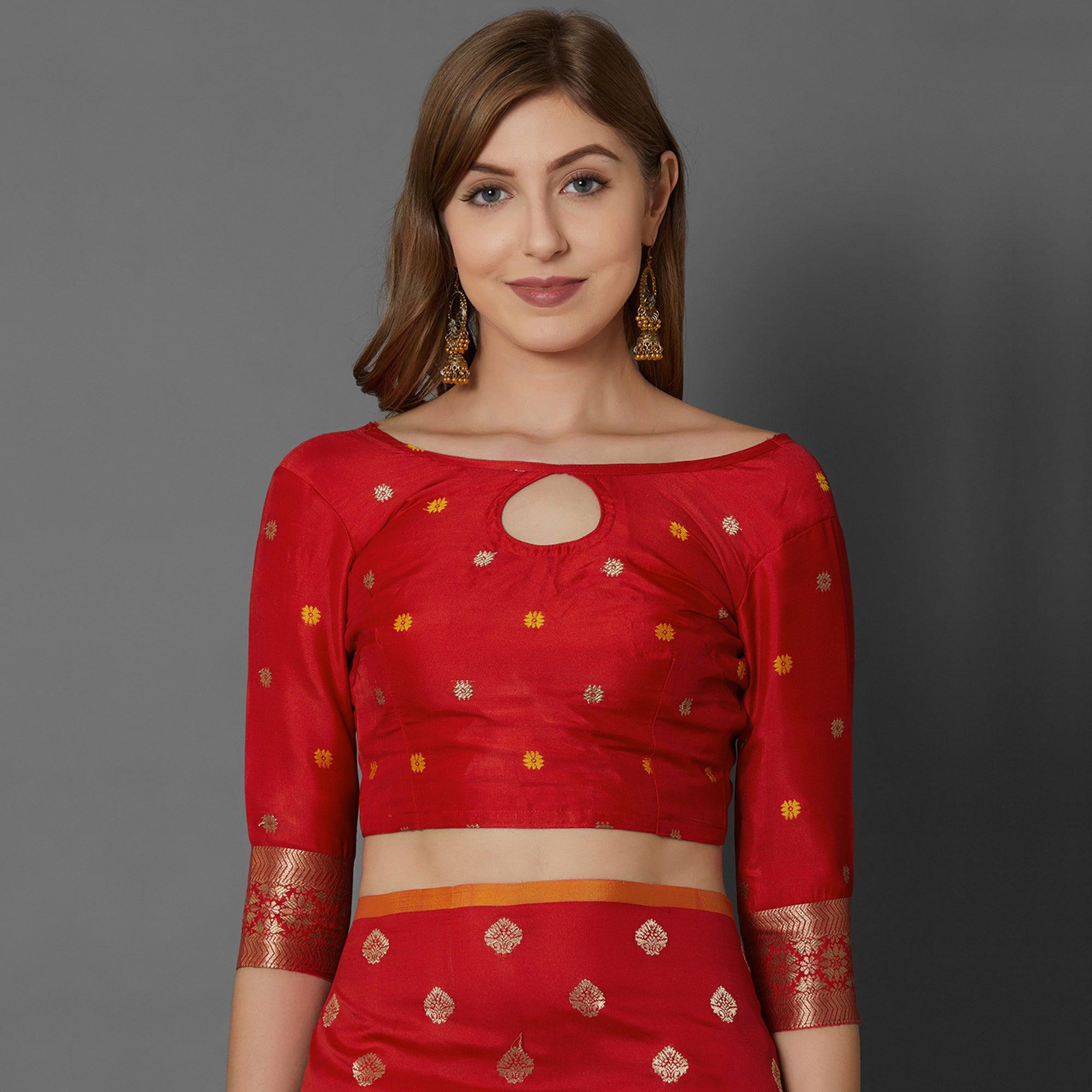 Sareemall Red Festive Wear Silk Blend Woven Border Saree With Unstitched Blouse - Peachmode