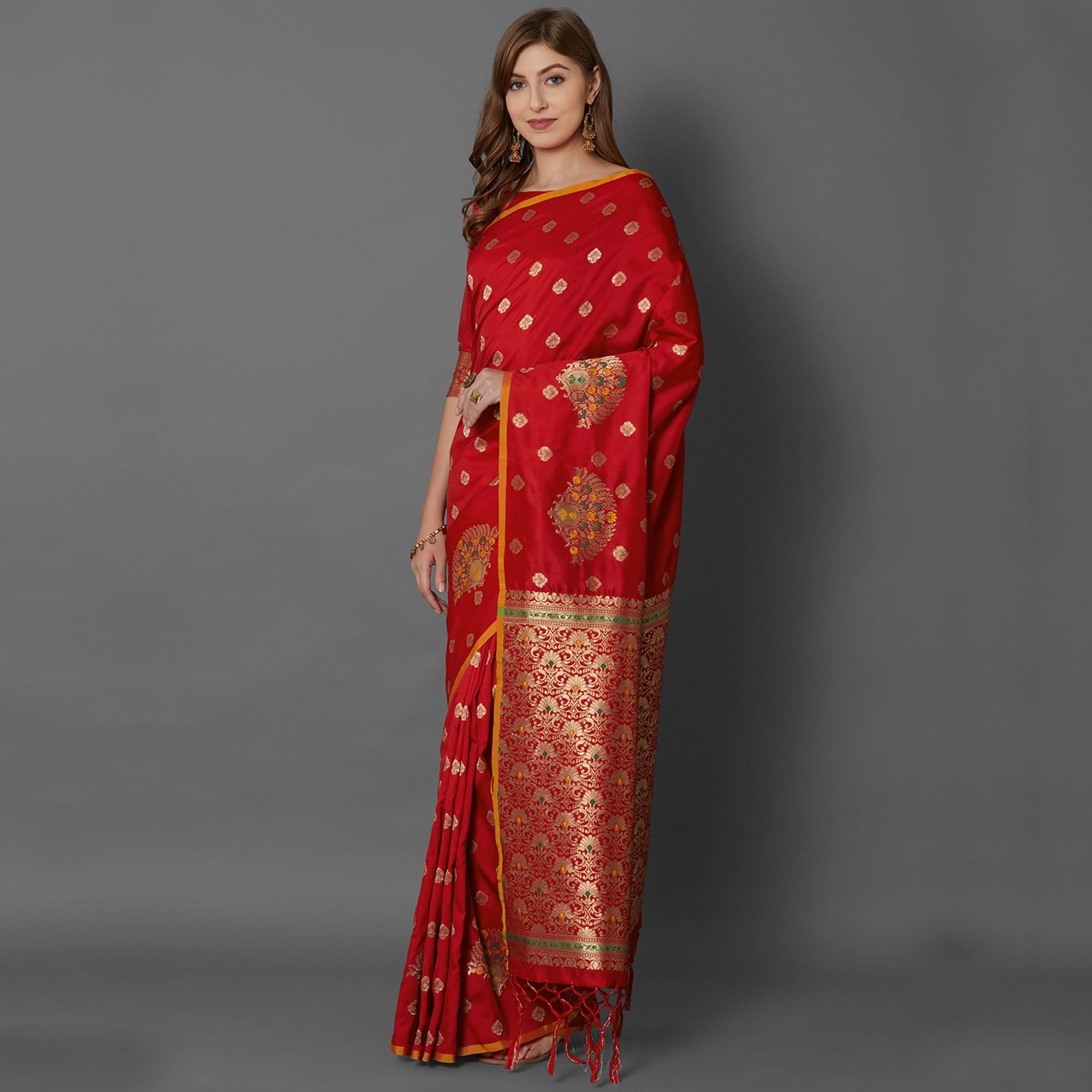 Sareemall Red Festive Wear Silk Blend Woven Border Saree With Unstitched Blouse - Peachmode