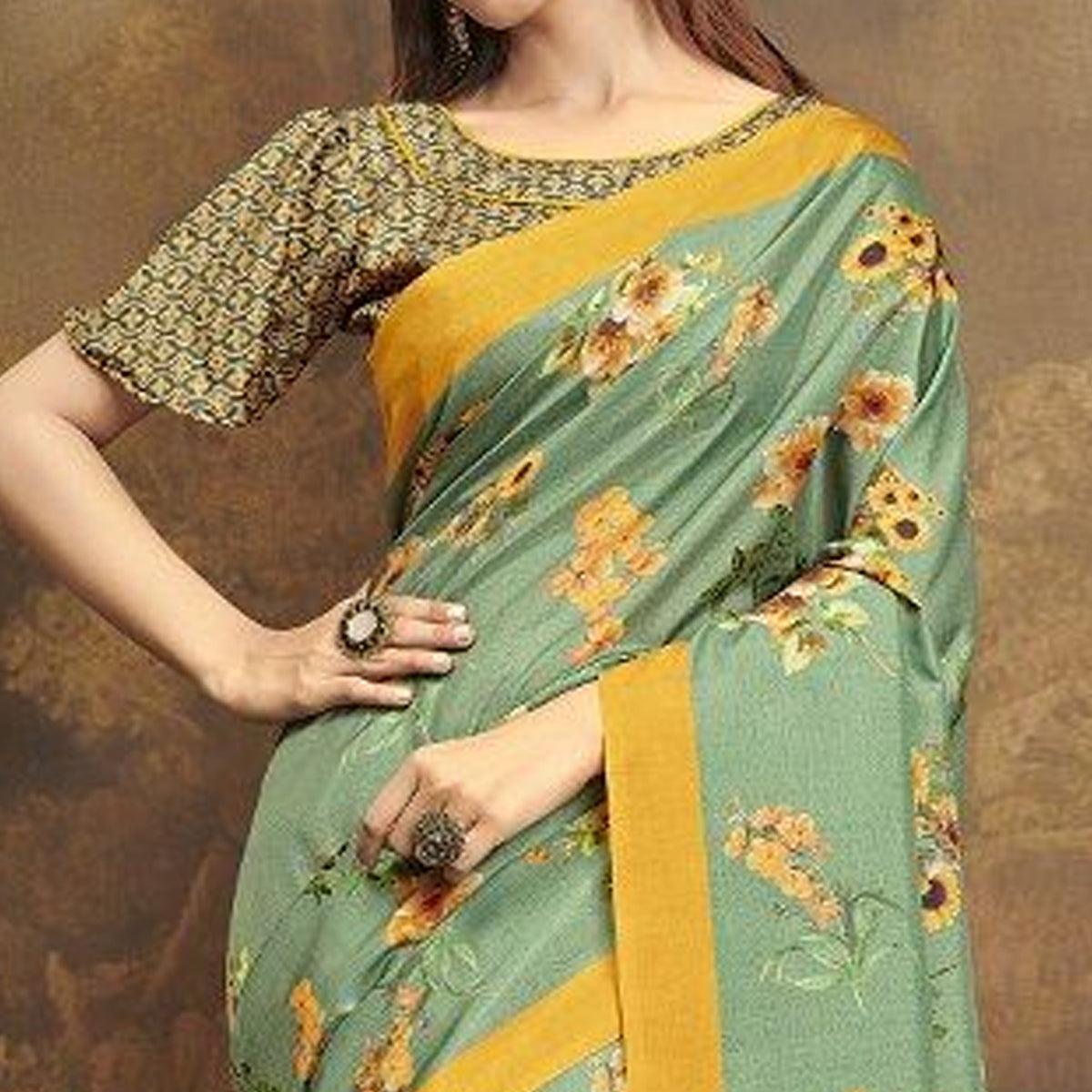 Sareemall Sea Green Casual Satin Printed Saree With Unstitched Blouse - Peachmode