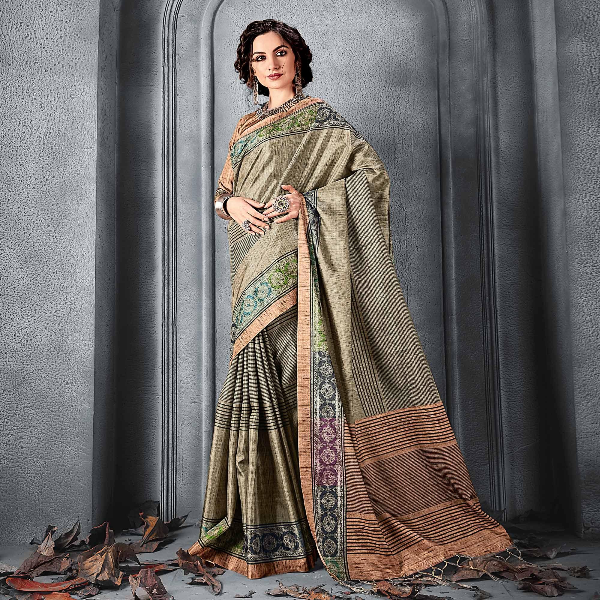 Sareemall Sky Blue Festive Manipuri Silk Stripes Saree With Unstitched Blouse - Peachmode