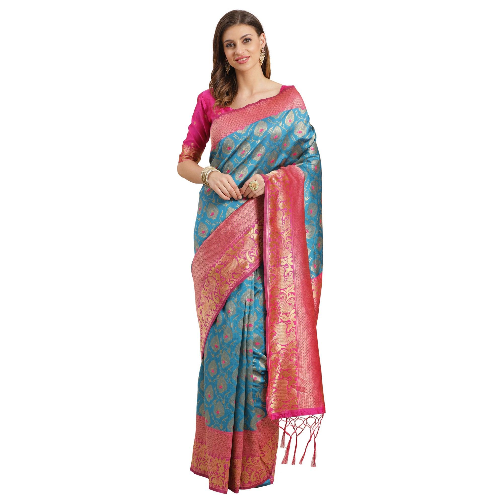 Sareemall Sky Blue Silk Blend Woven With Unstitched Blouse - Peachmode