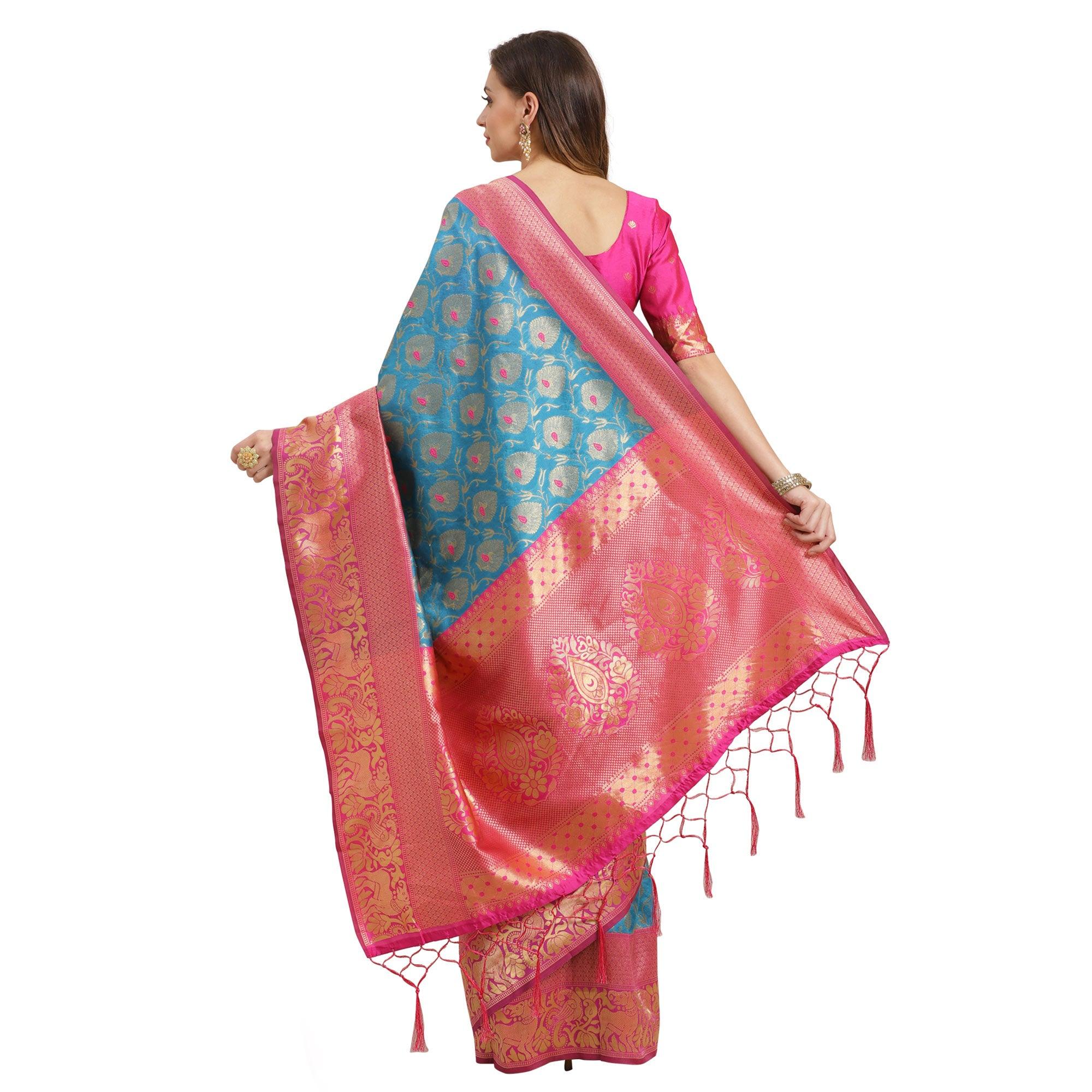 Sareemall Sky Blue Silk Blend Woven With Unstitched Blouse - Peachmode