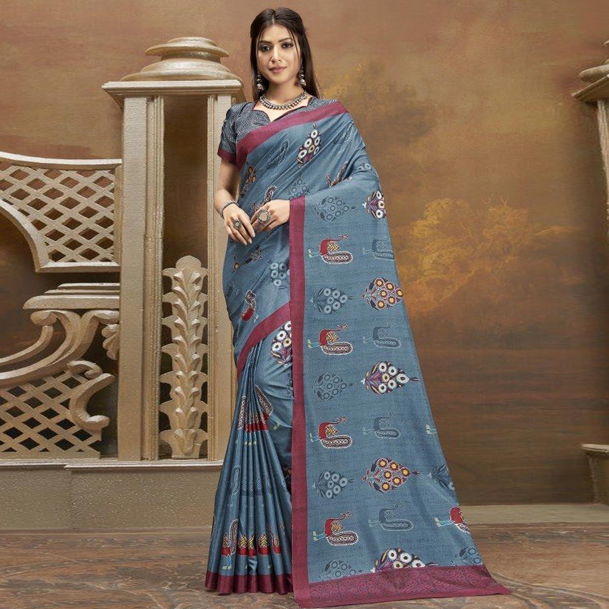 Sareemall Teal Blue Casual Satin Printed Saree With Unstitched Blouse - Peachmode