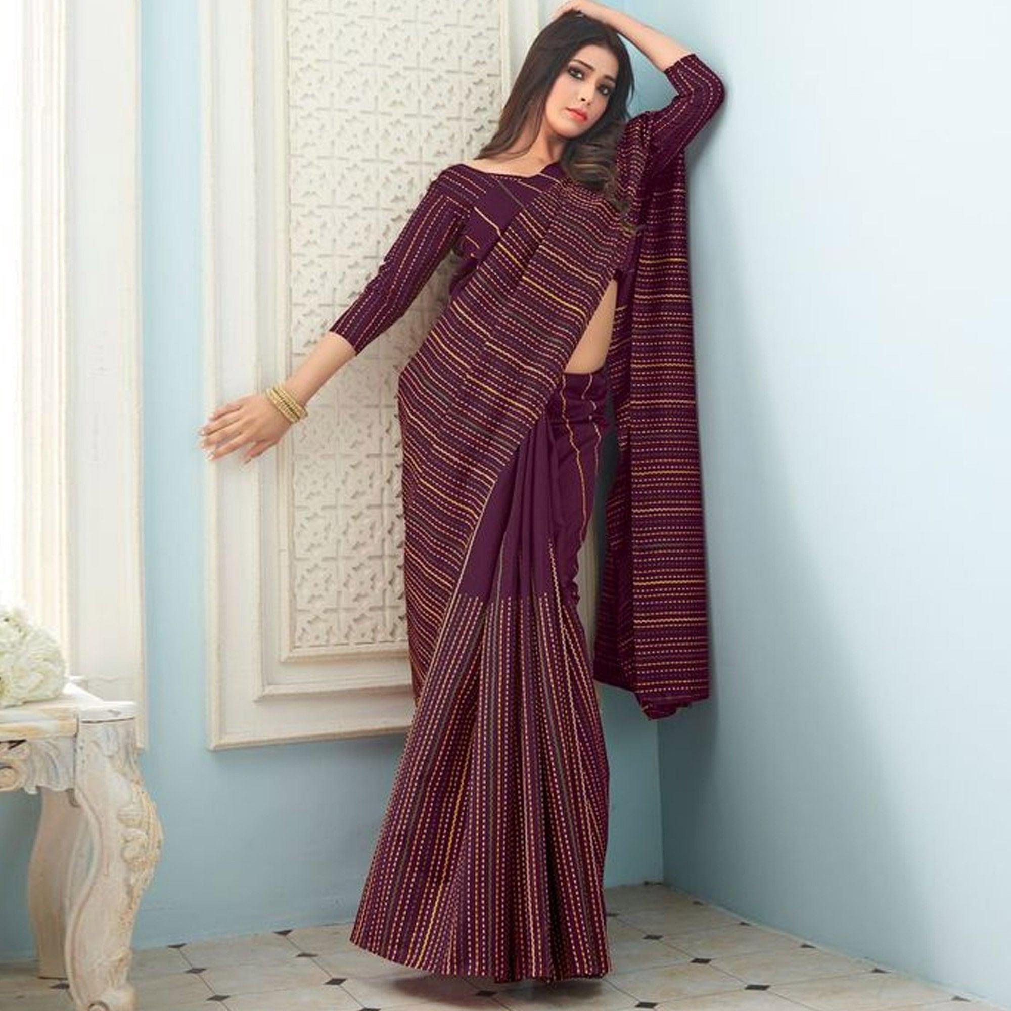 Sareemall Wine Casual Bhagalpuri Printed Saree With Unstitched Blouse - Peachmode