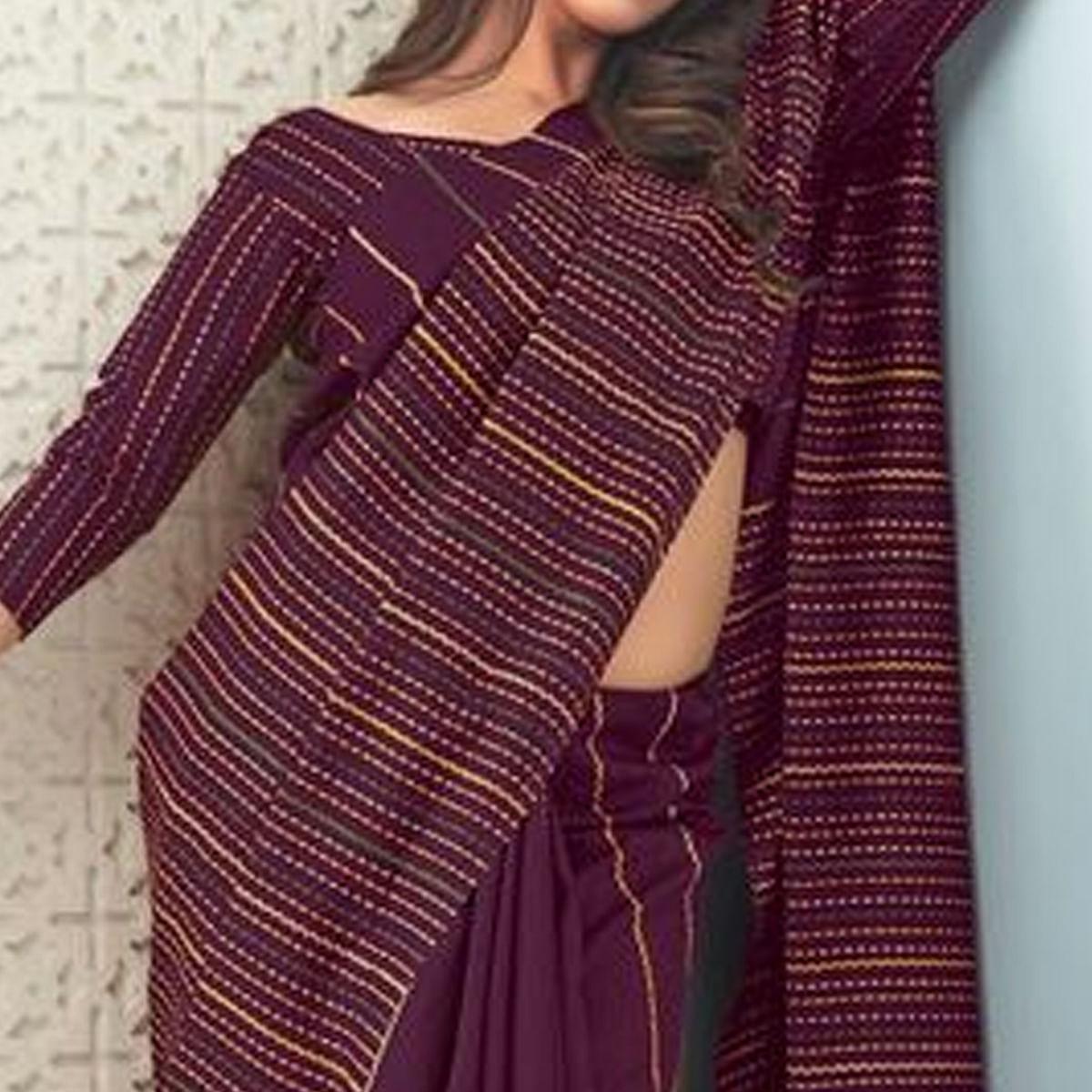 Sareemall Wine Casual Bhagalpuri Printed Saree With Unstitched Blouse - Peachmode