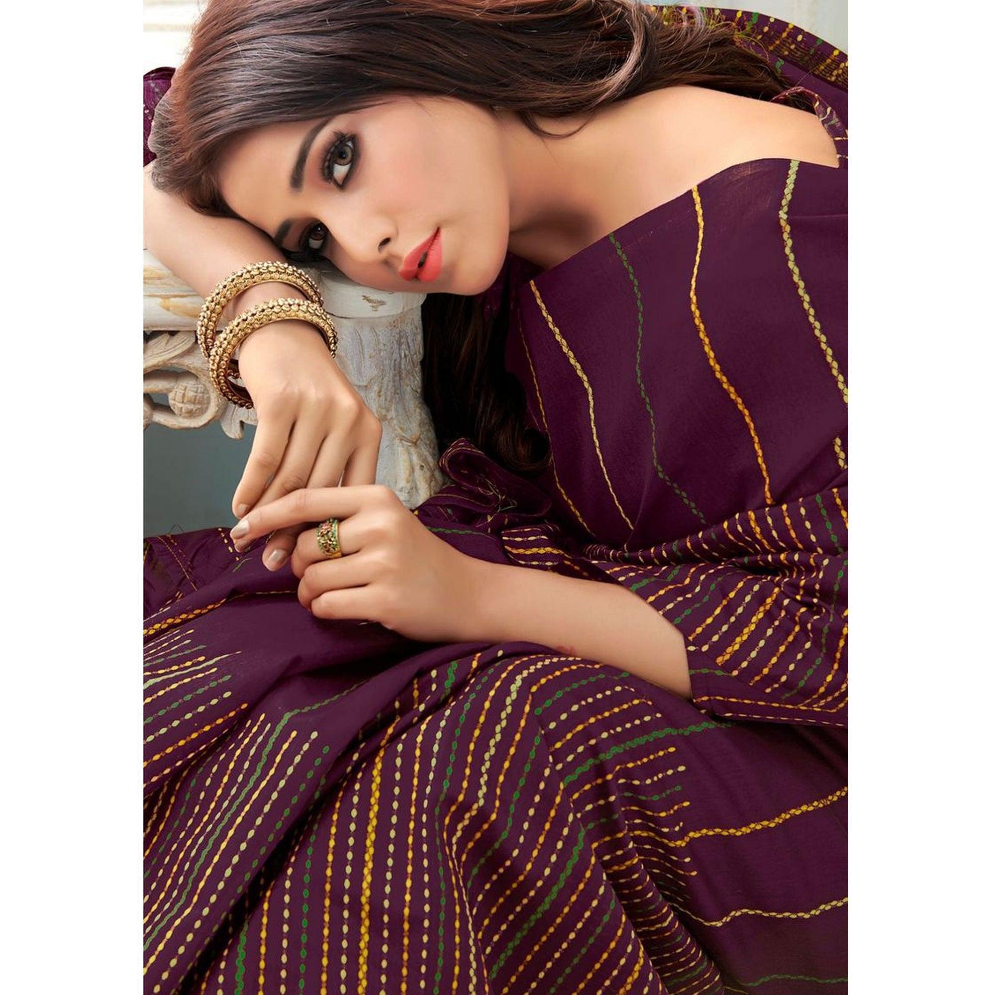 Sareemall Wine Casual Bhagalpuri Printed Saree With Unstitched Blouse - Peachmode