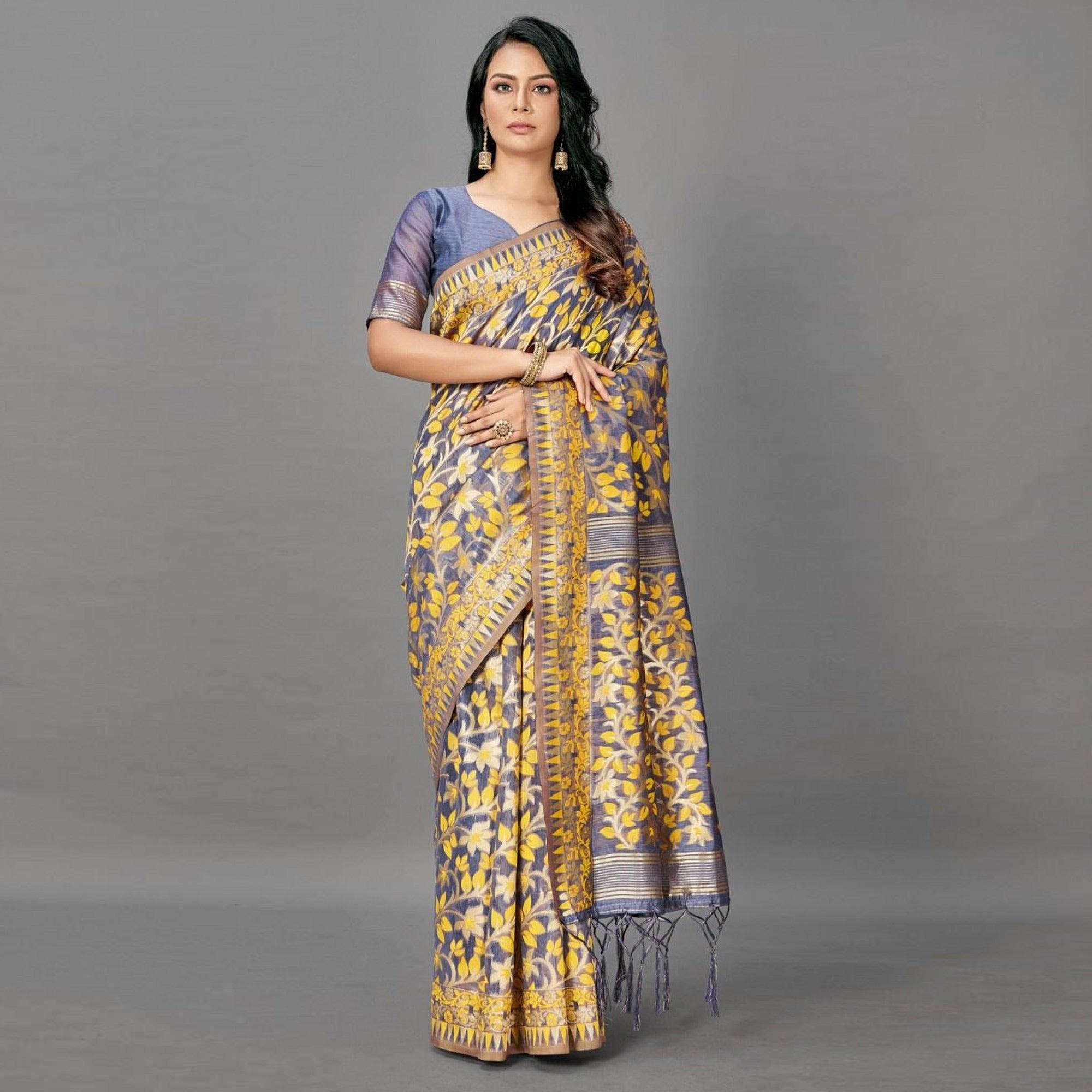 Sareemall Yellow Casual Bhagalpuri Silk Woven Saree With Unstitched Blouse - Peachmode