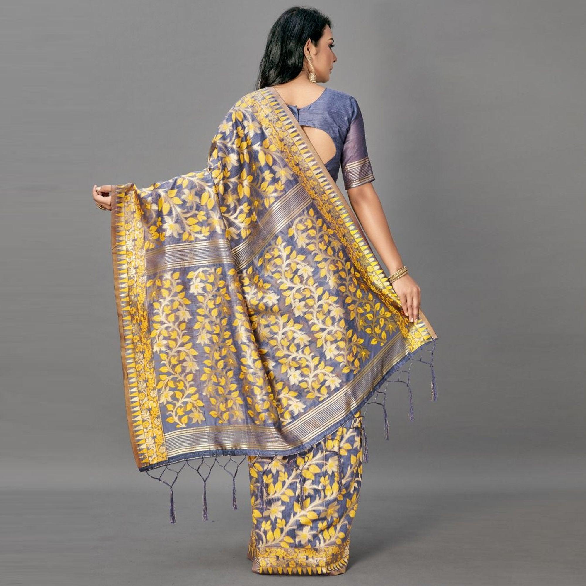 Sareemall Yellow Casual Bhagalpuri Silk Woven Saree With Unstitched Blouse - Peachmode