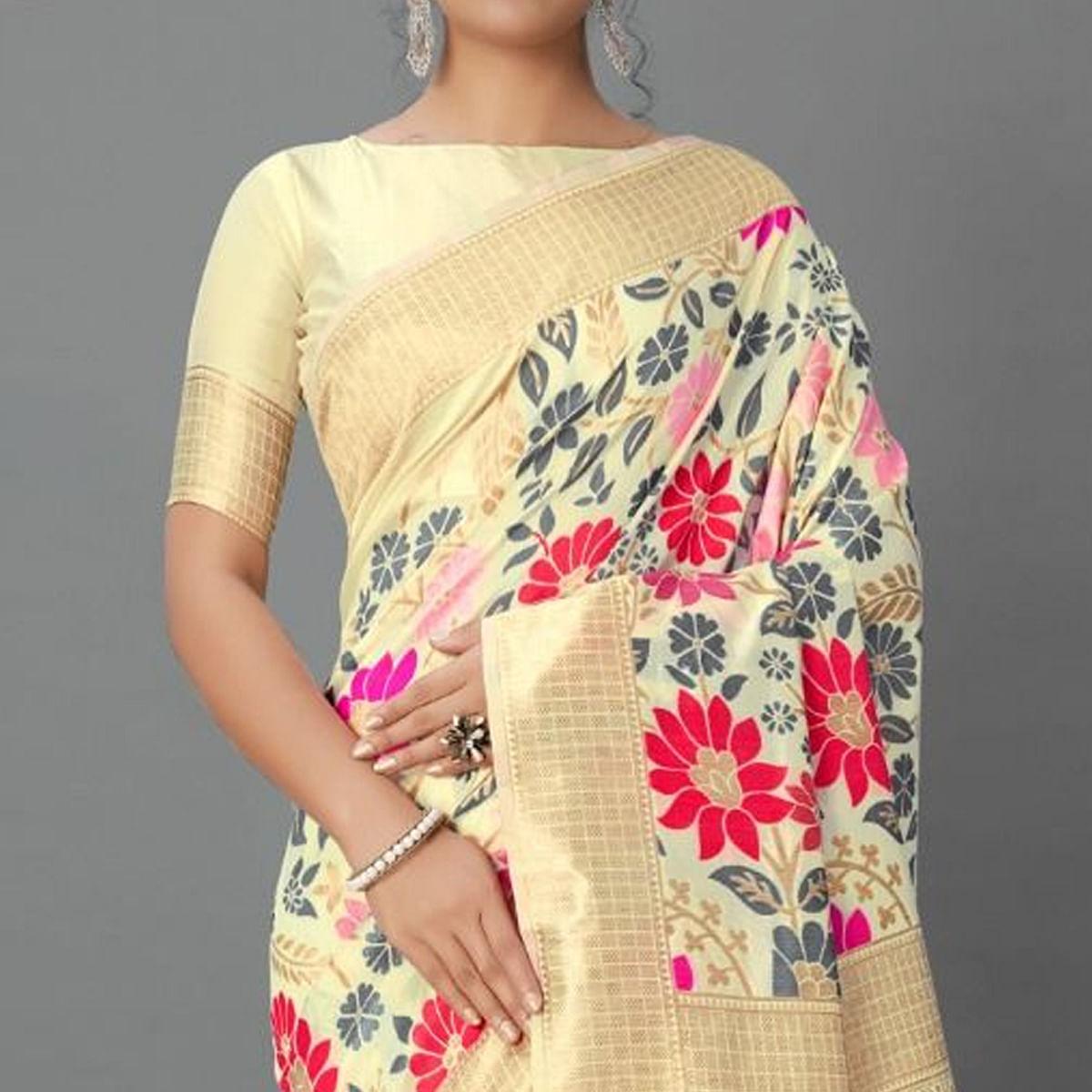 Sareemall Yellow Casual Silk Blend Printed Saree With Unstitched Blouse - Peachmode