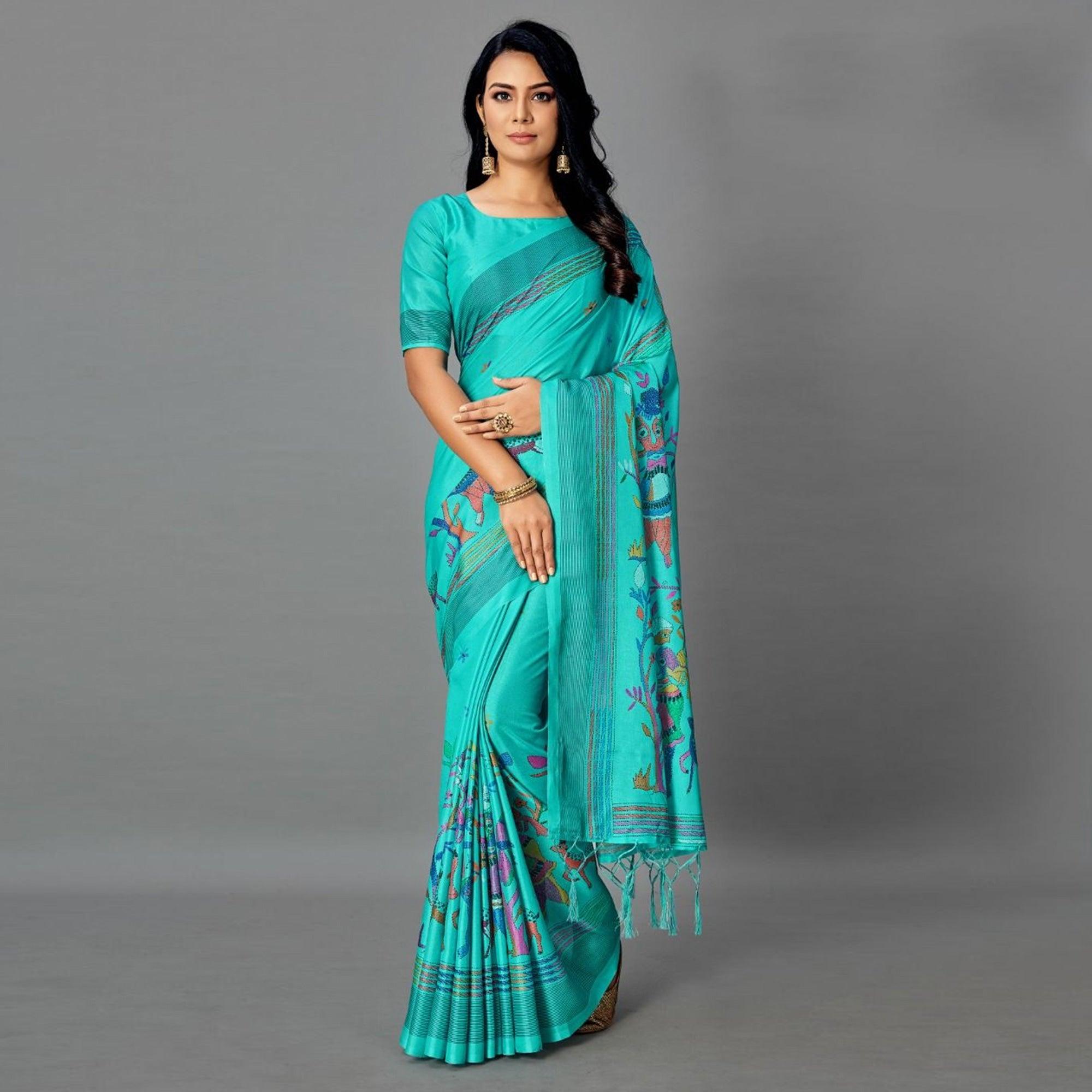 Sea Blue Casual Art Silk Printed Saree With Unstitched Blouse - Peachmode