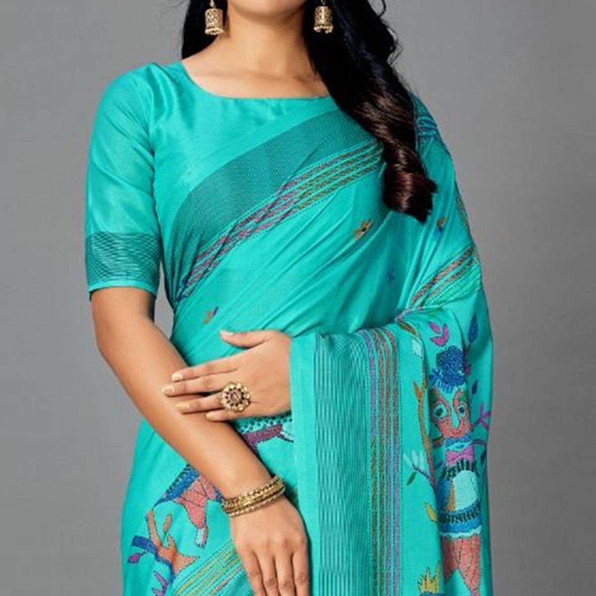 Sea Blue Casual Art Silk Printed Saree With Unstitched Blouse - Peachmode