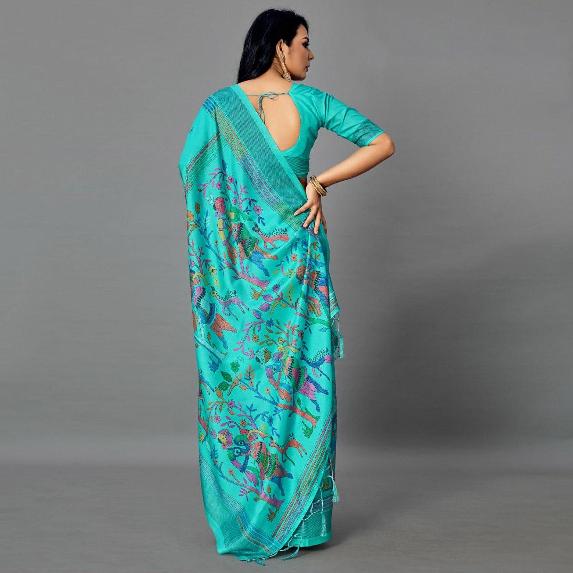 Sea Blue Casual Art Silk Printed Saree With Unstitched Blouse - Peachmode