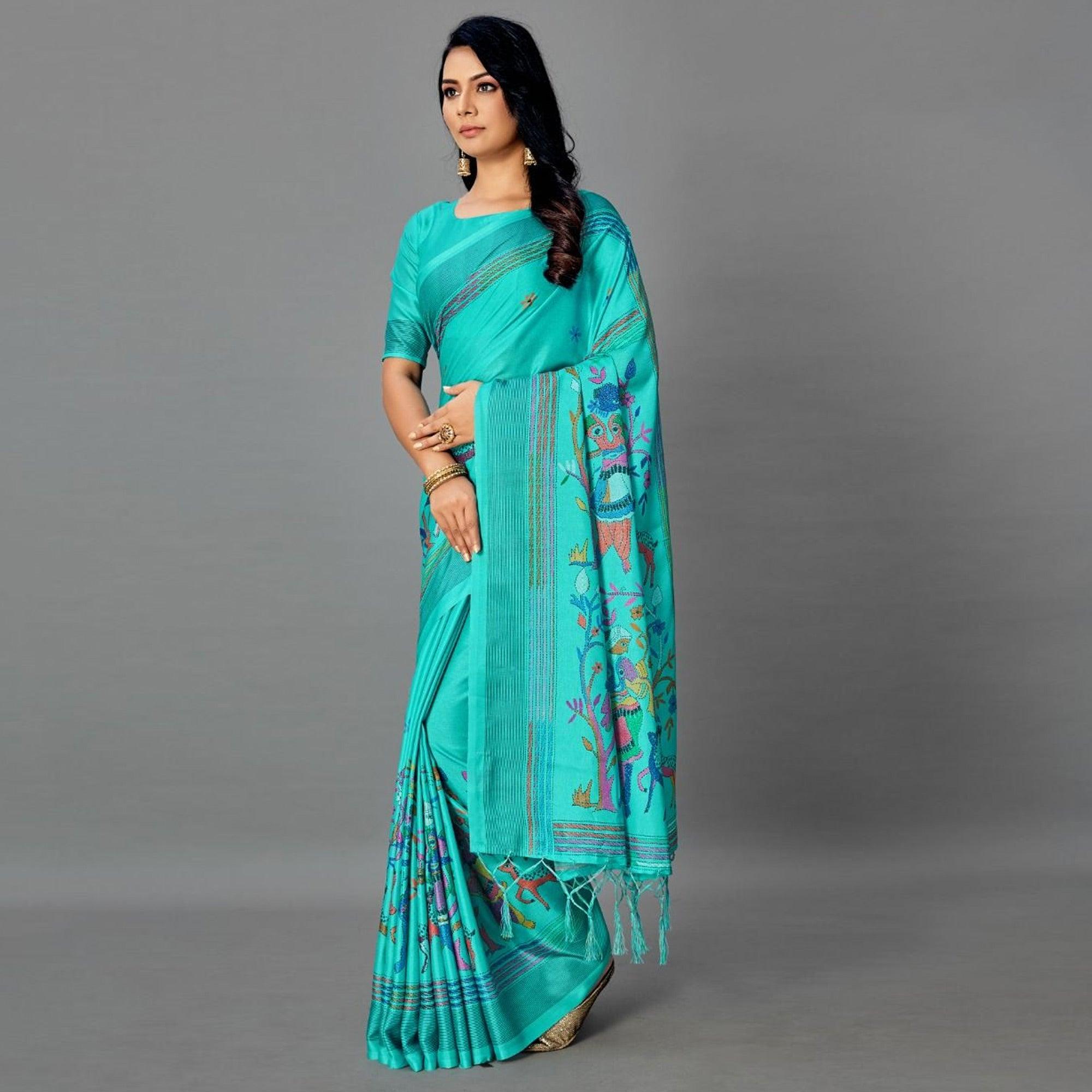 Sea Blue Casual Art Silk Printed Saree With Unstitched Blouse - Peachmode