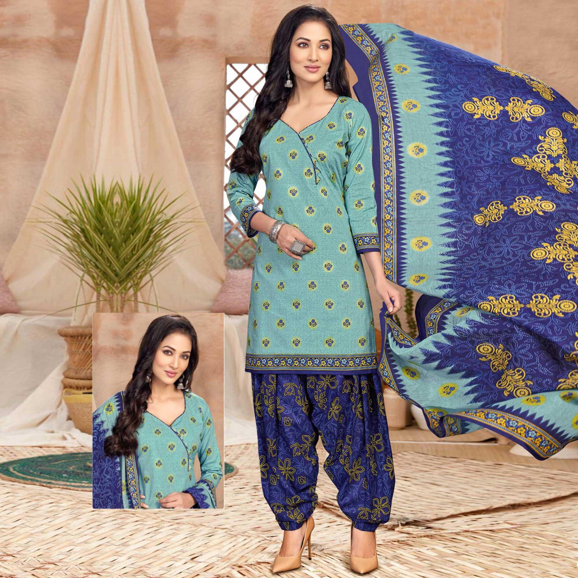 Sea Blue Casual Wear Printed Cotton Patiala Dress Material - Peachmode