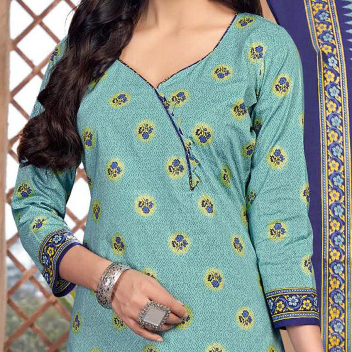 Sea Blue Casual Wear Printed Cotton Patiala Dress Material - Peachmode