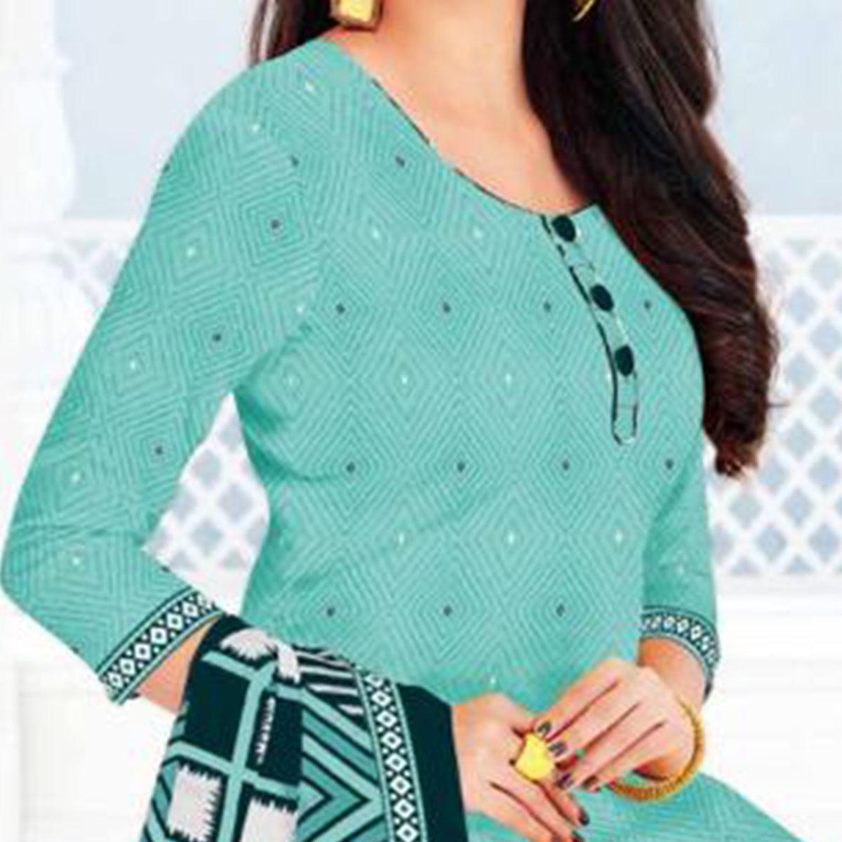 Sea Blue Casual Wear Printed Leon Patiala Dress Material - Peachmode