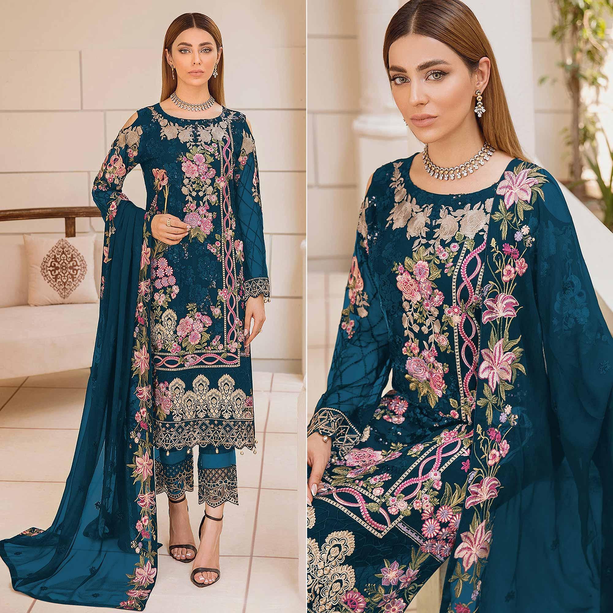 Sea Blue Embroidered Georgette Pakistani Suit - Peachmode