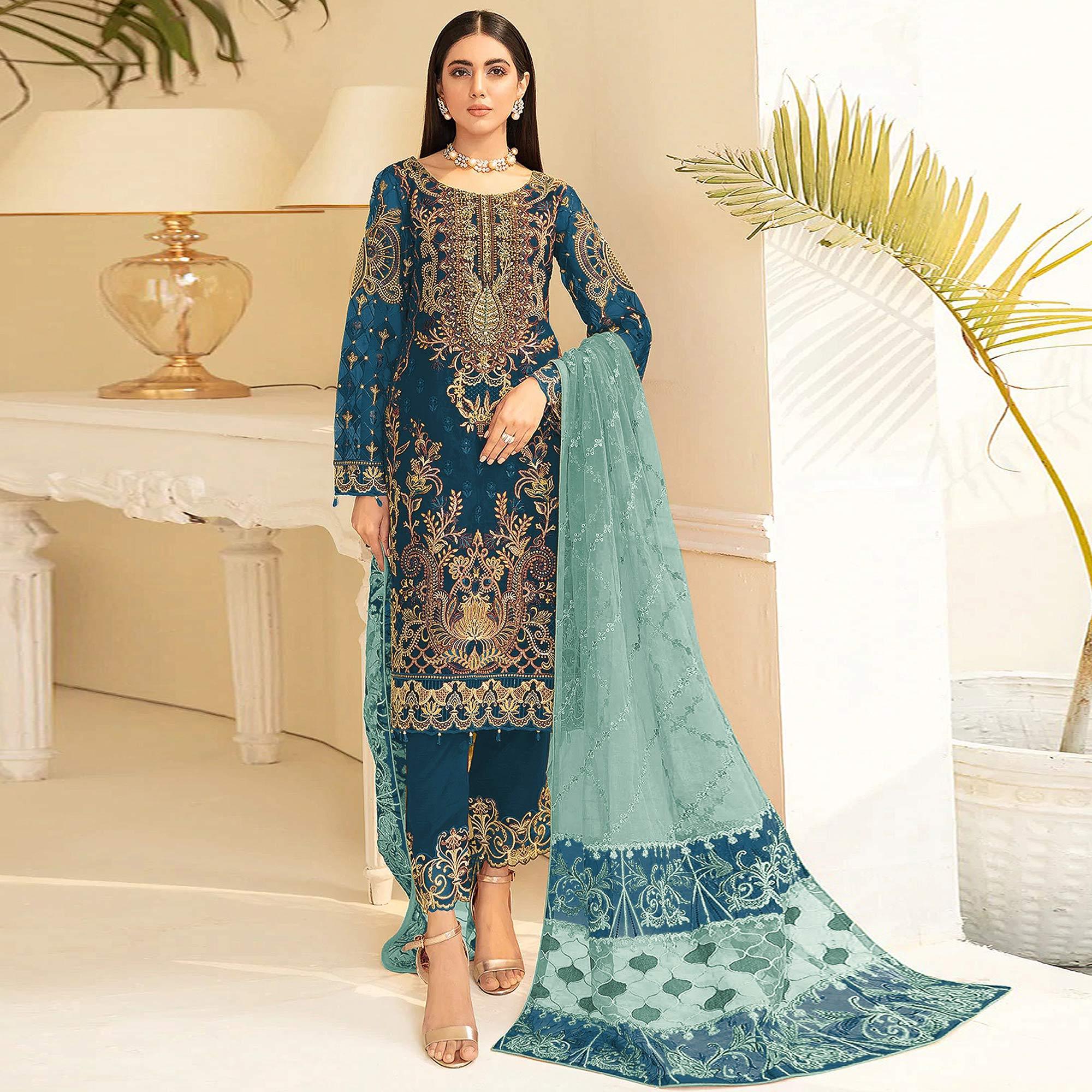 Sea Blue Embroidered Georgette Pakistani Suit - Peachmode
