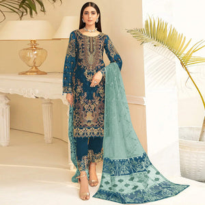Sea Blue Embroidered Georgette Pakistani Suit - Peachmode