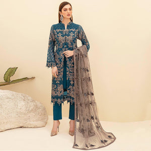 Sea Blue Embroidered Georgette Pakistani Suit - Peachmode