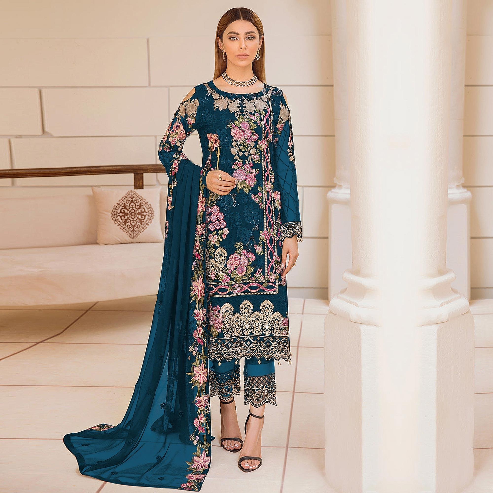 Sea Blue Embroidered Georgette Pakistani Suit - Peachmode