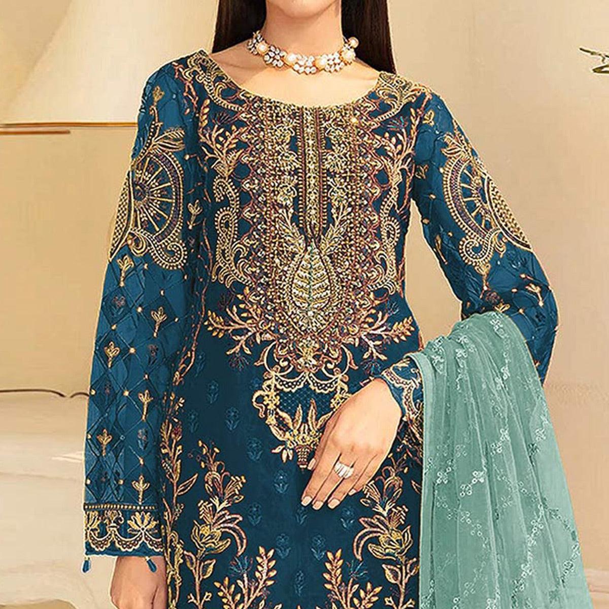Sea Blue Embroidered Georgette Pakistani Suit - Peachmode