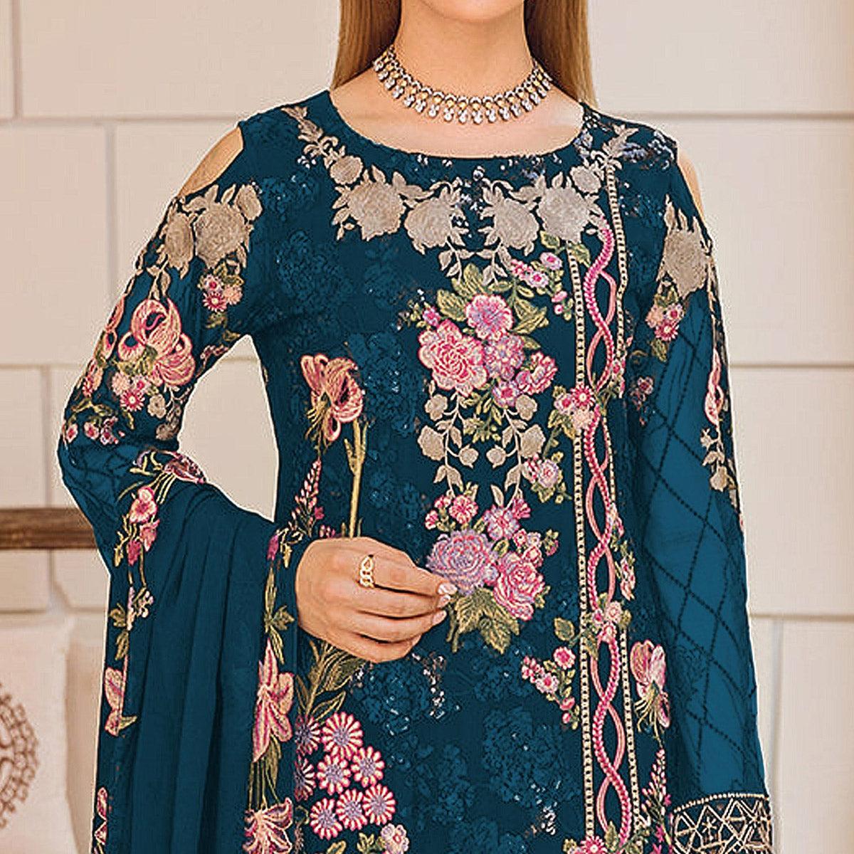 Sea Blue Embroidered Georgette Pakistani Suit - Peachmode